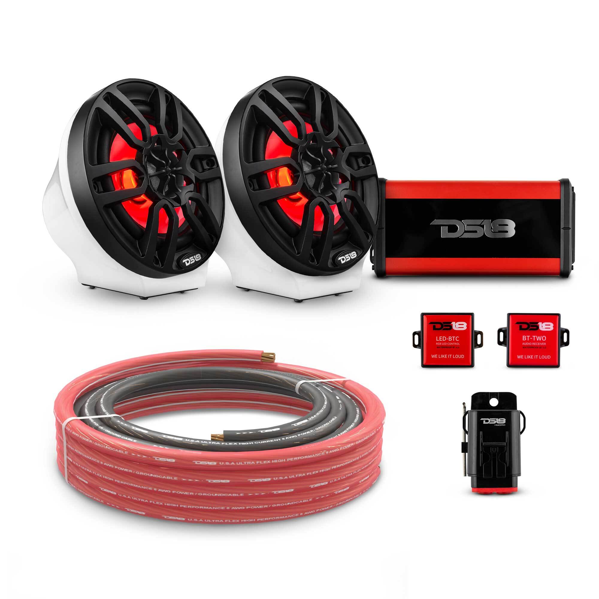 DS18 6.5" Loaded Flat Mount Speaker Pods with Amplifier, Installation Kit and RGB LED Lights, Package for Can-Am Spyder & Ryker