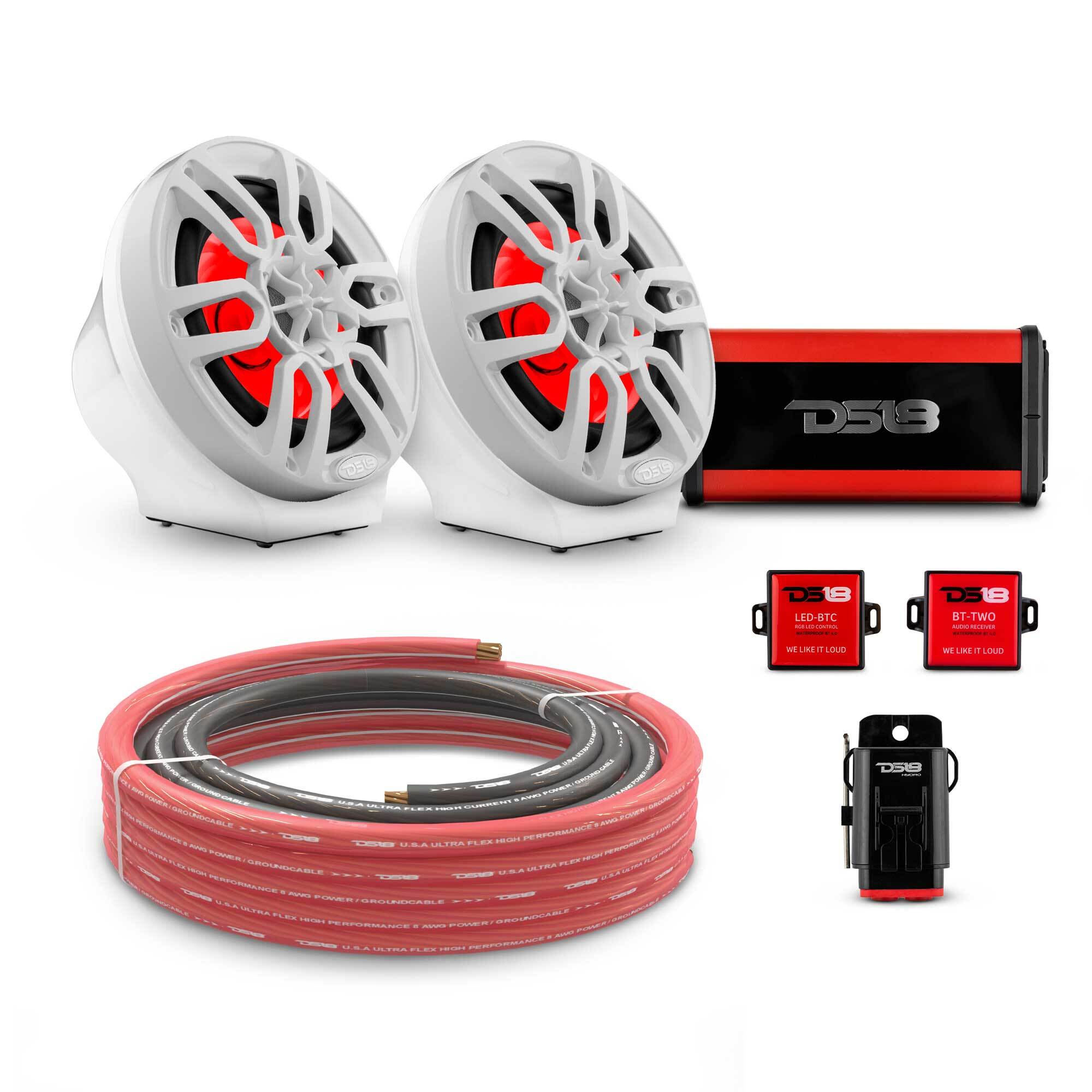 DS18 6.5" Loaded Flat Mount Speaker Pods with Amplifier, Installation Kit and RGB LED Lights, Package for Can-Am Spyder & Ryker