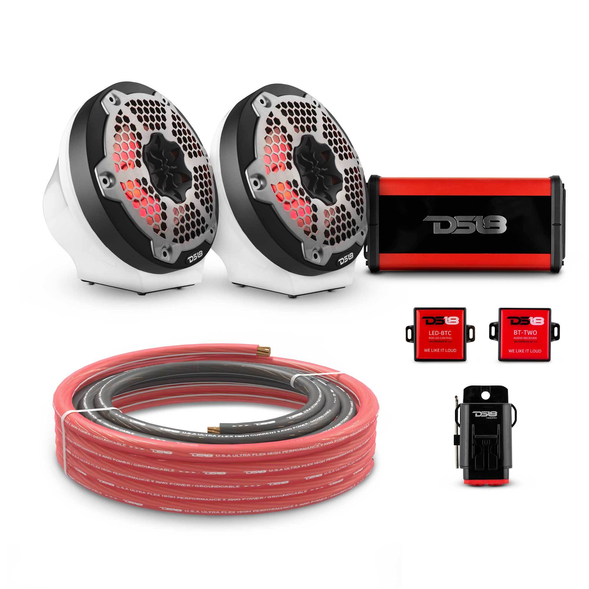 DS18 6.5" Loaded Flat Mount Speaker Pods with Amplifier, Installation Kit and RGB LED Lights, Package for Can-Am Spyder & Ryker