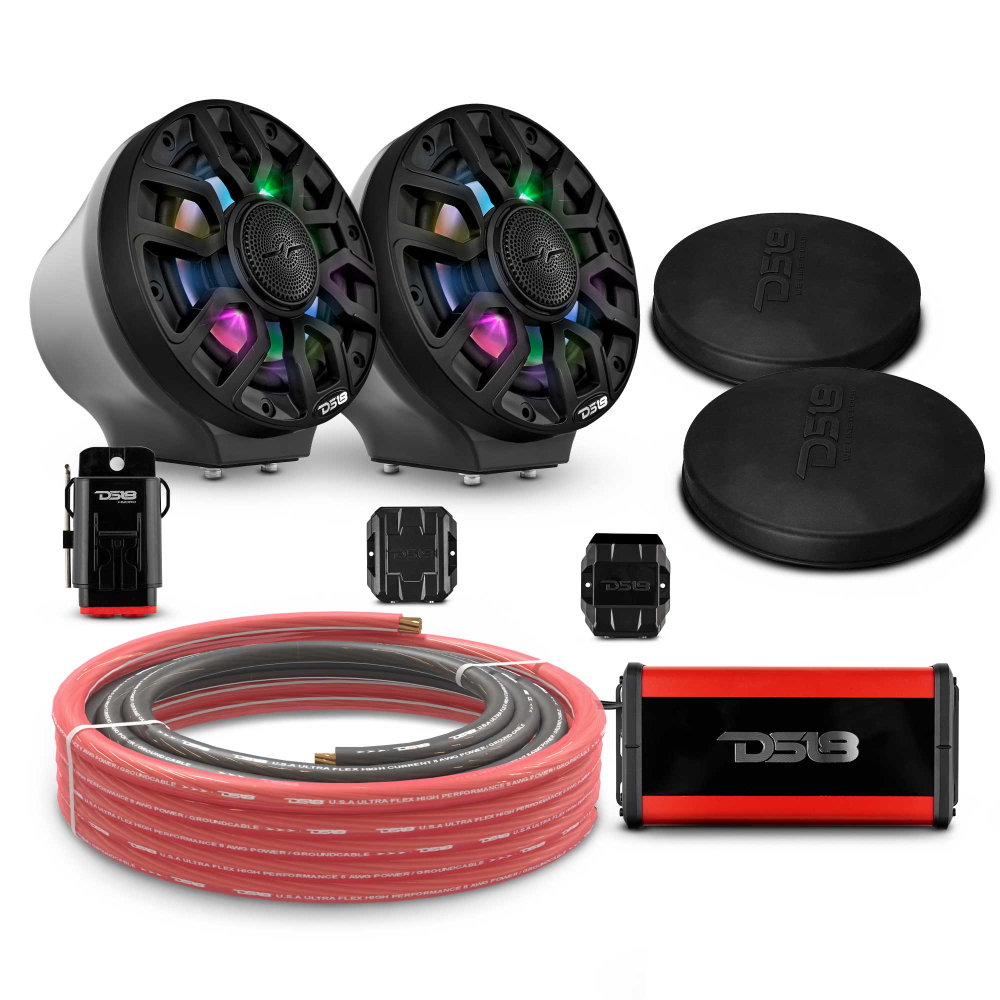 DS18 6.5" Loaded Flat Mount Speaker Pods with Amplifier, Installation Kit and Digital LED Lights, Package for Can-Am Spyder & Ryker