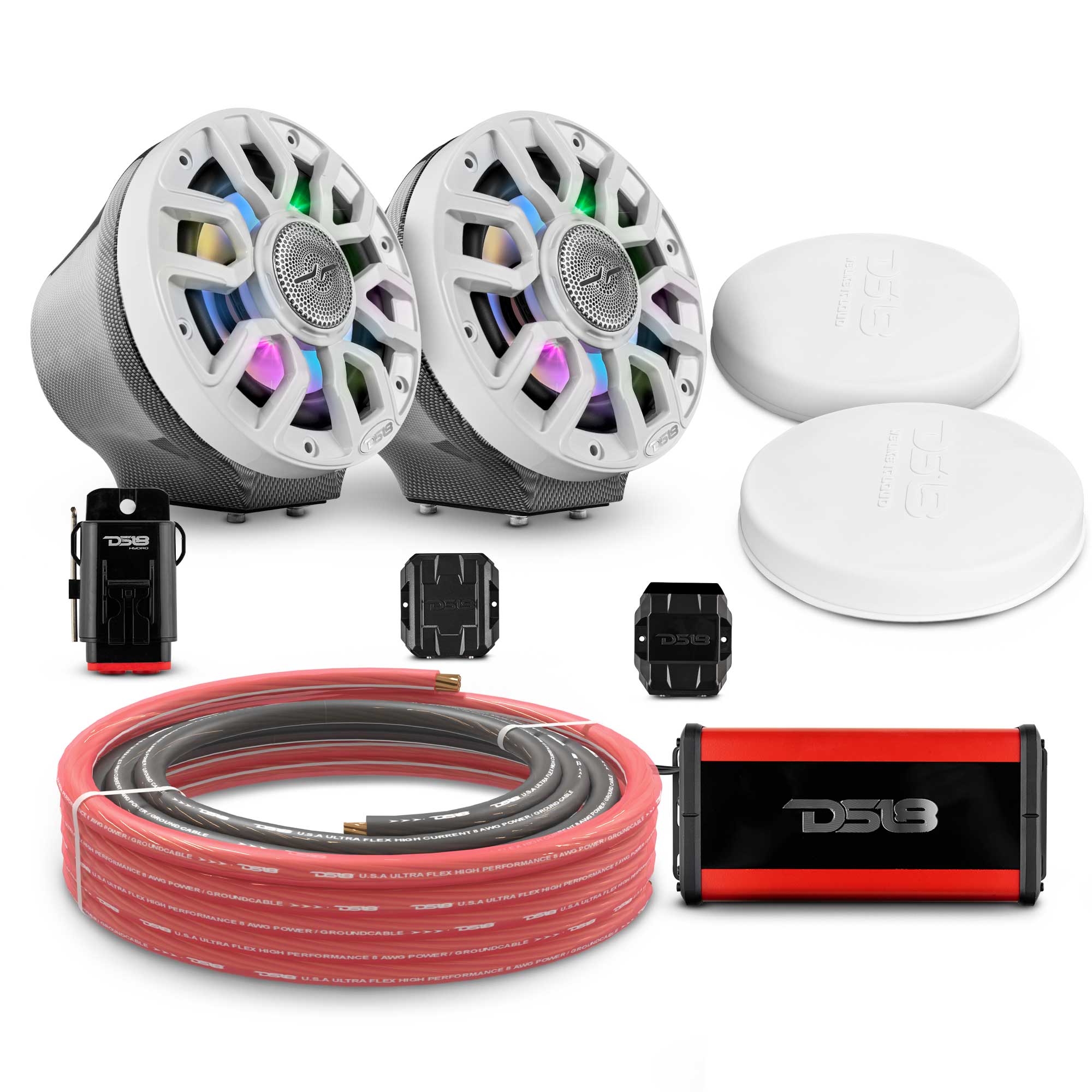 DS18 6.5" Loaded Flat Mount Speaker Pods with Amplifier, Installation Kit and Digital LED Lights, Package for Can-Am Spyder & Ryker