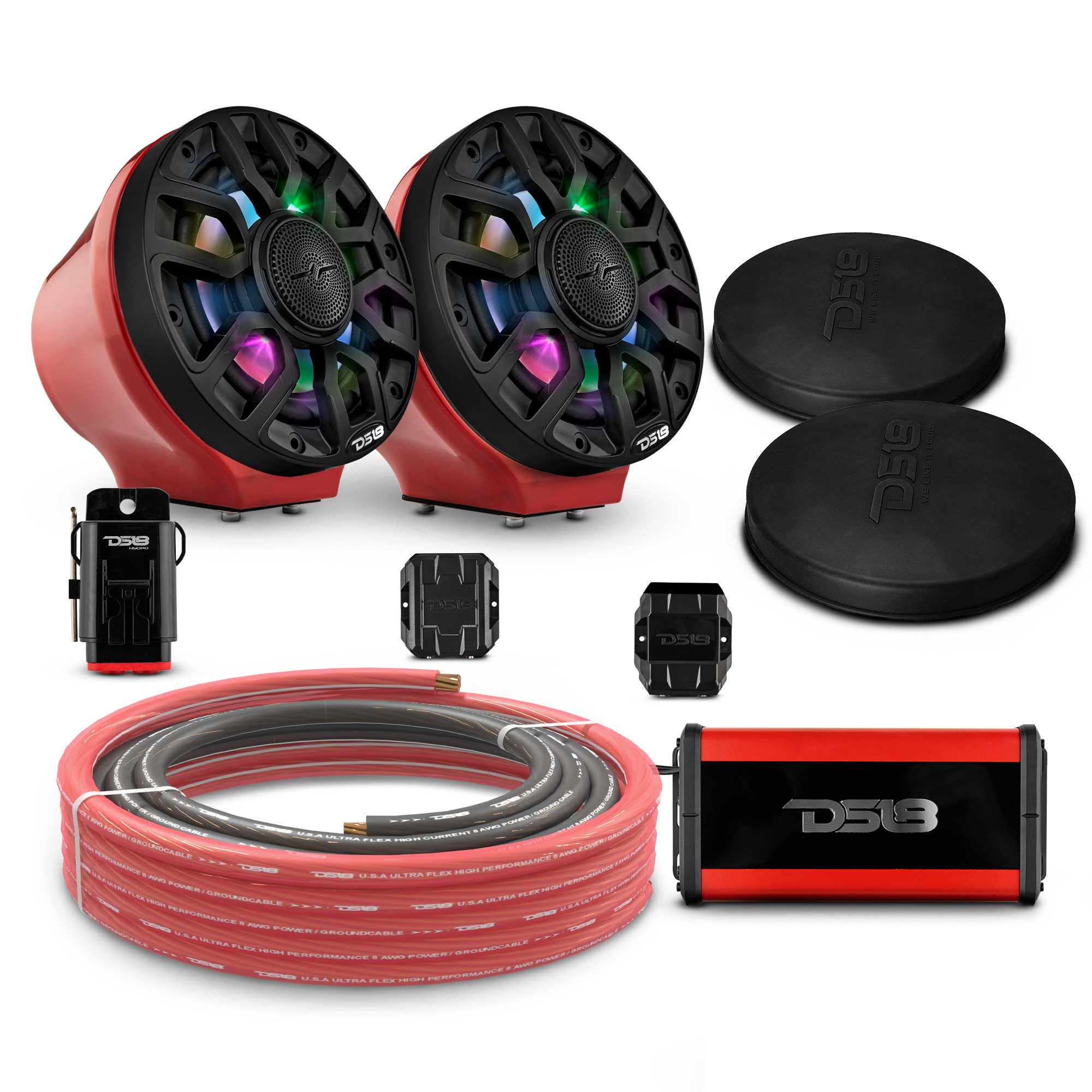 DS18 6.5" Loaded Flat Mount Speaker Pods with Amplifier, Installation Kit and Digital LED Lights, Package for Can-Am Spyder & Ryker