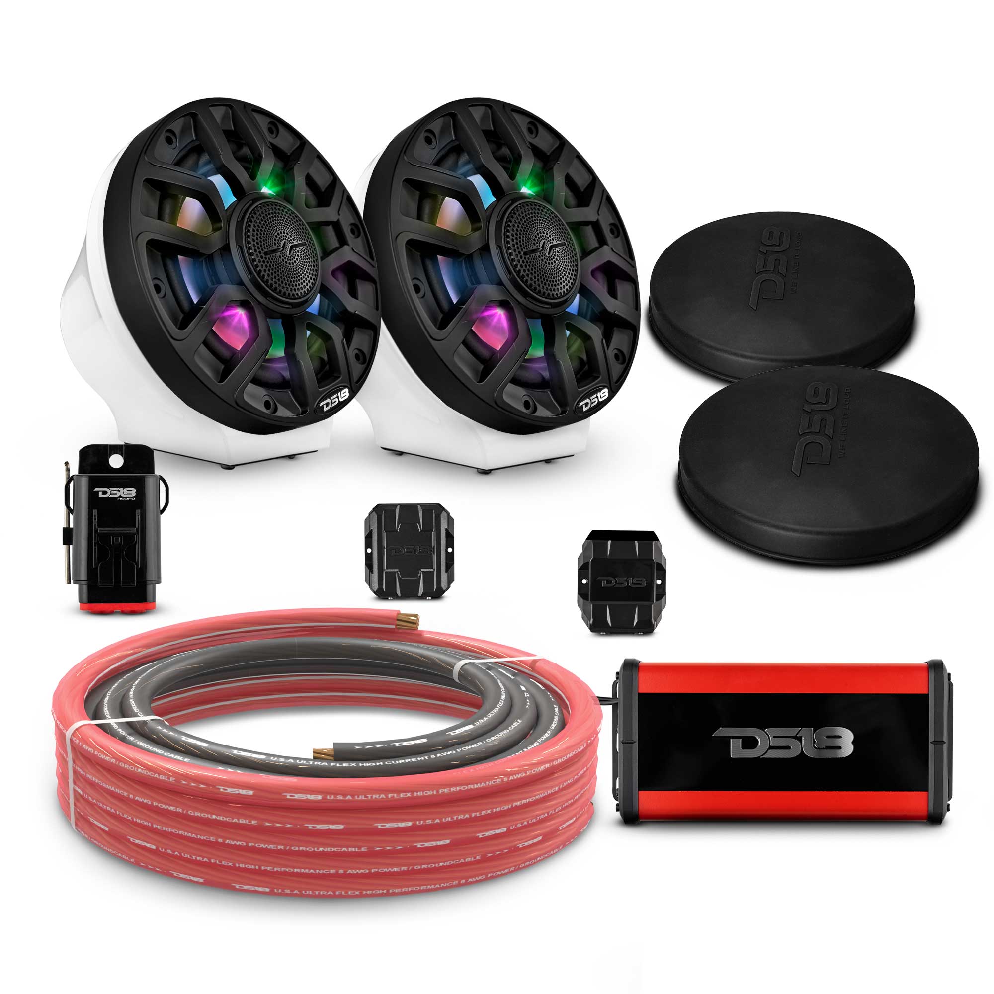 DS18 6.5" Loaded Flat Mount Speaker Pods with Amplifier, Installation Kit and Digital LED Lights, Package for Can-Am Spyder & Ryker