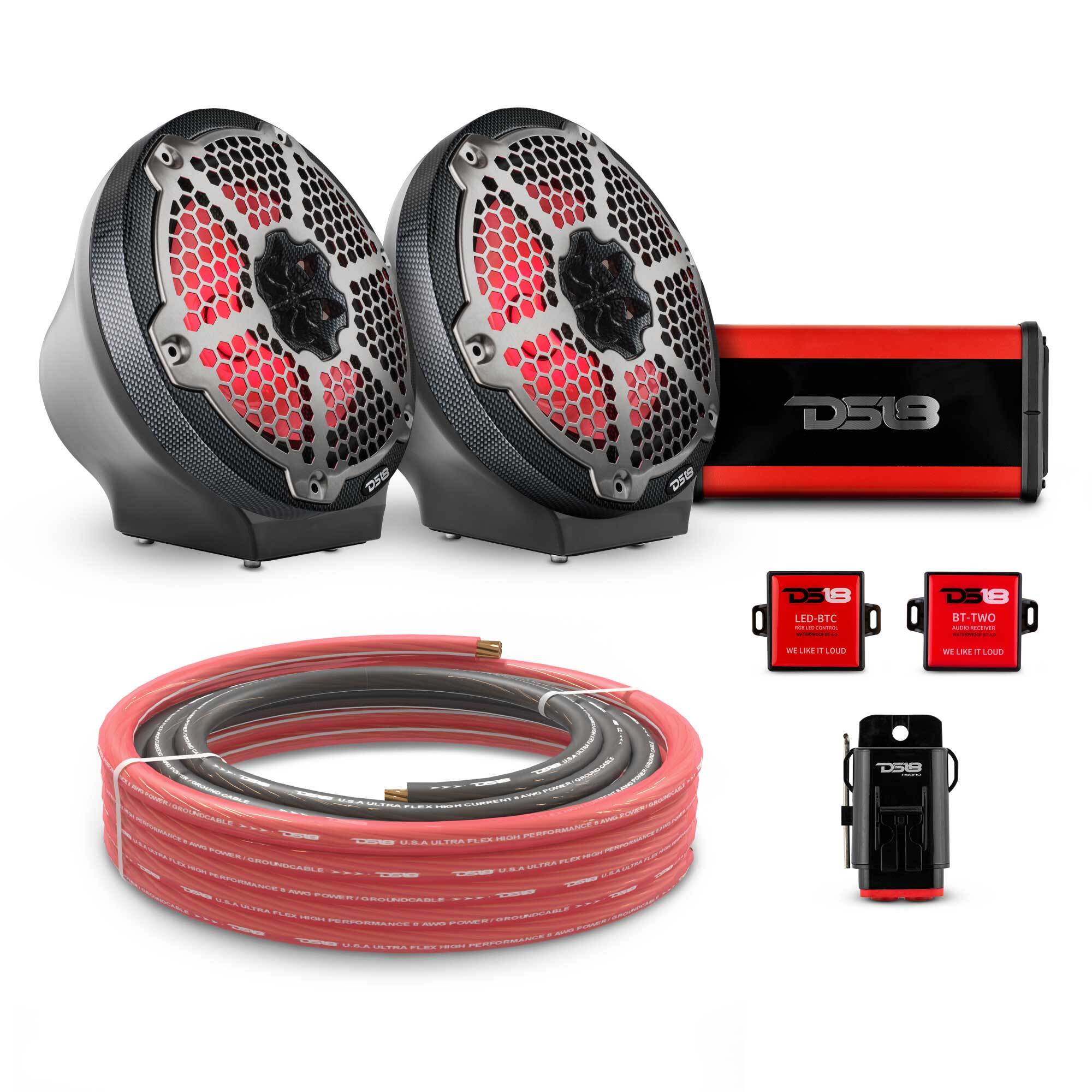 DS18 8" Loaded Flat Mount Speaker Pods with Amplifier, Installation Kit and RGB LED Lights, Package for Can-Am Spyder & Ryker
