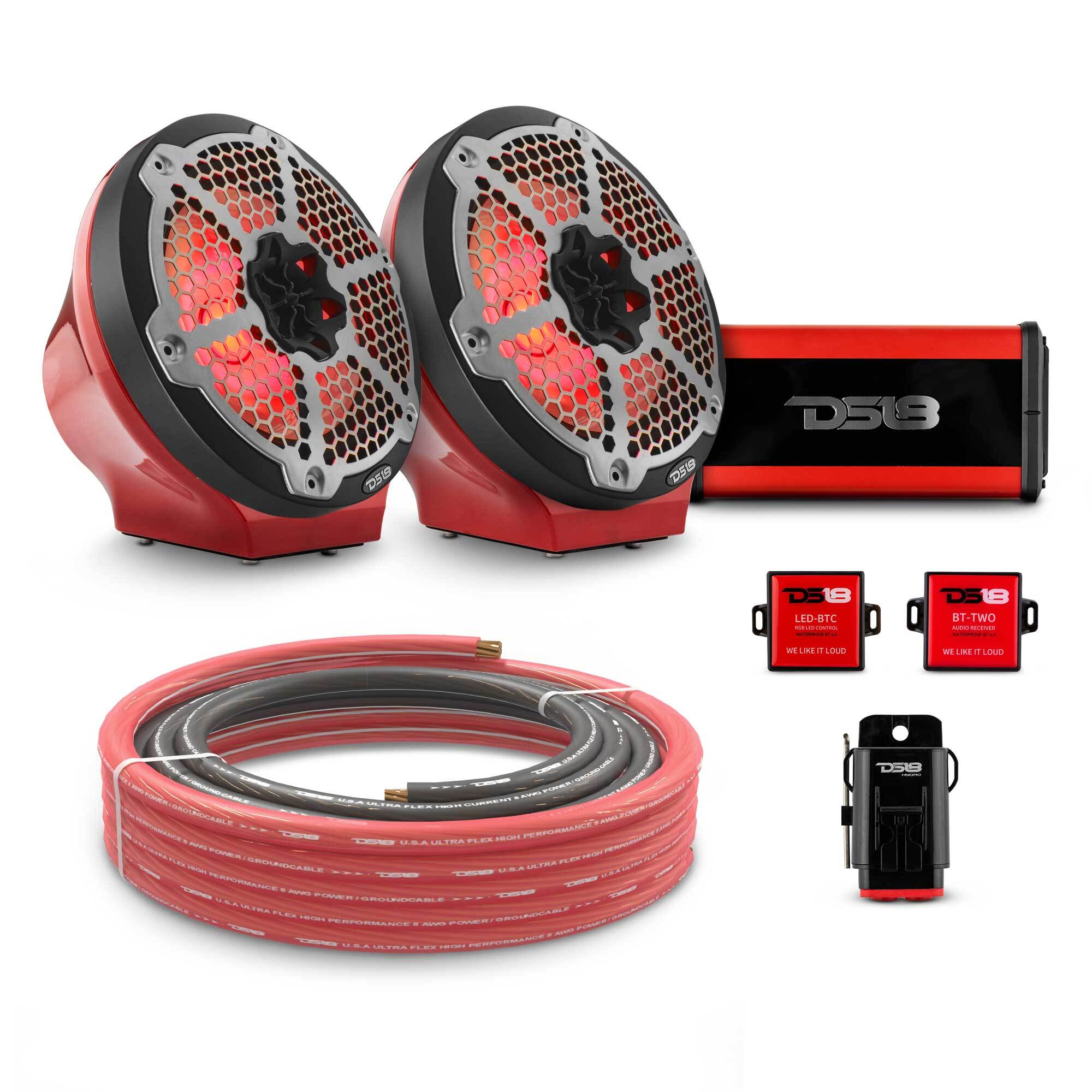 DS18 8" Loaded Flat Mount Speaker Pods with Amplifier, Installation Kit and RGB LED Lights, Package for Can-Am Spyder & Ryker