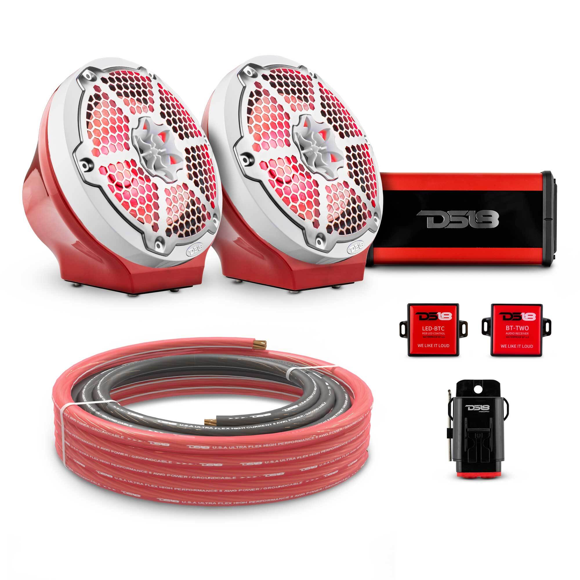 DS18 8" Loaded Flat Mount Speaker Pods with Amplifier, Installation Kit and RGB LED Lights, Package for Can-Am Spyder & Ryker