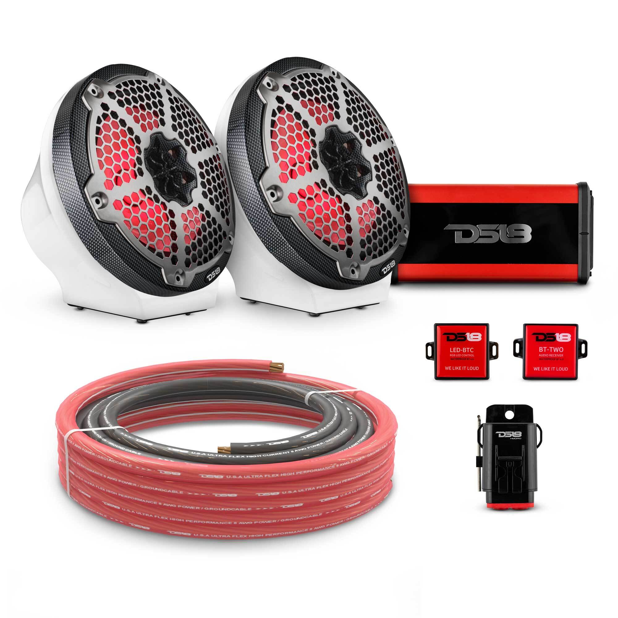 DS18 8" Loaded Flat Mount Speaker Pods with Amplifier, Installation Kit and RGB LED Lights, Package for Can-Am Spyder & Ryker