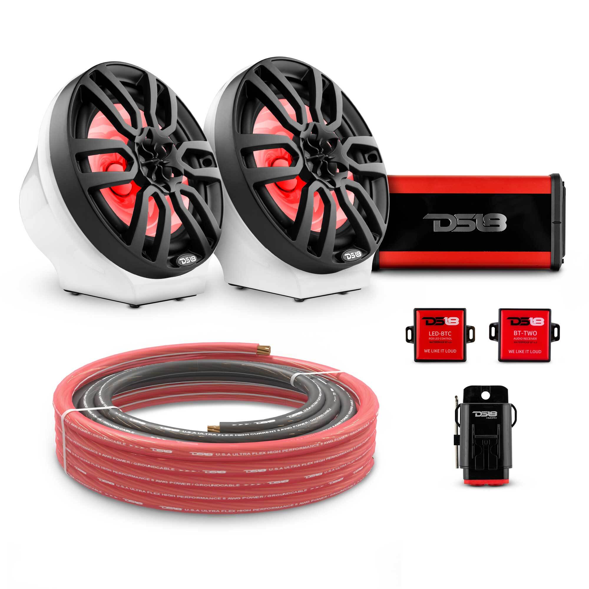 DS18 8" Loaded Flat Mount Speaker Pods with Amplifier, Installation Kit and RGB LED Lights, Package for Can-Am Spyder & Ryker