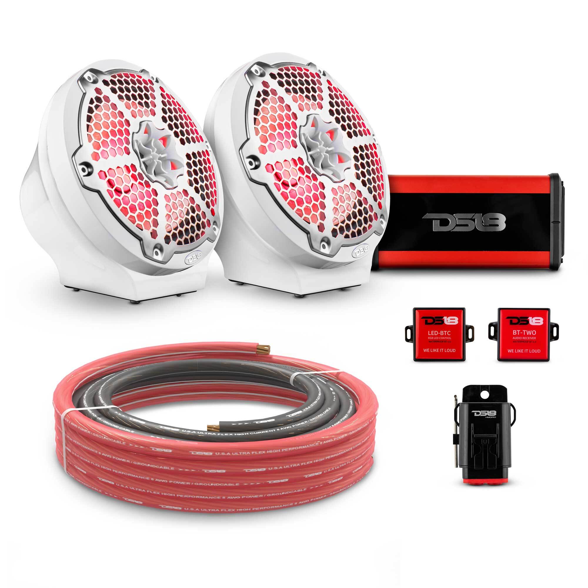 DS18 8" Loaded Flat Mount Speaker Pods with Amplifier, Installation Kit and RGB LED Lights, Package for Can-Am Spyder & Ryker