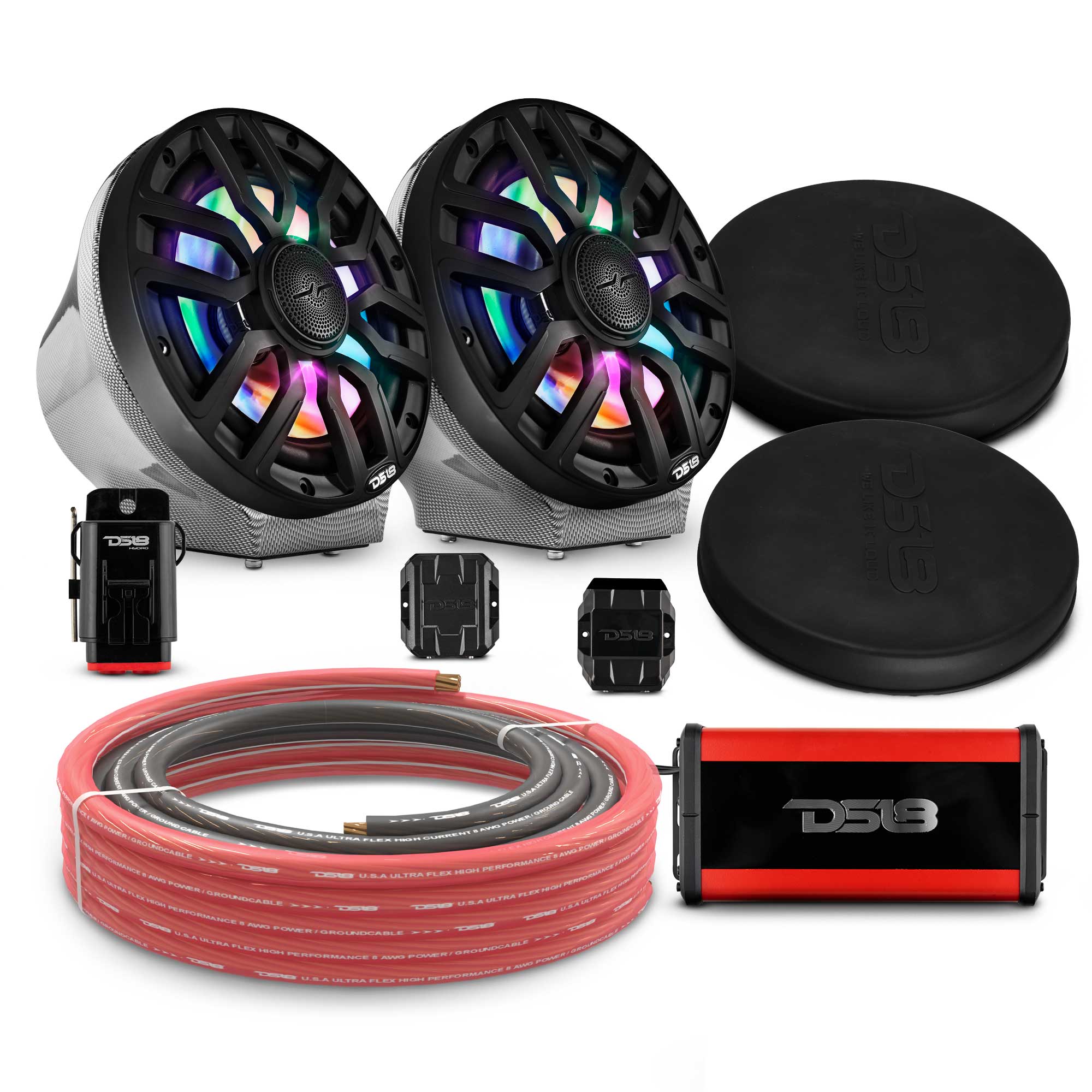 DS18 8" Loaded Flat Mount Speaker Pods with Amplifier, Installation Kit and Digital LED Lights, Package for Can-Am Spyder & Ryker