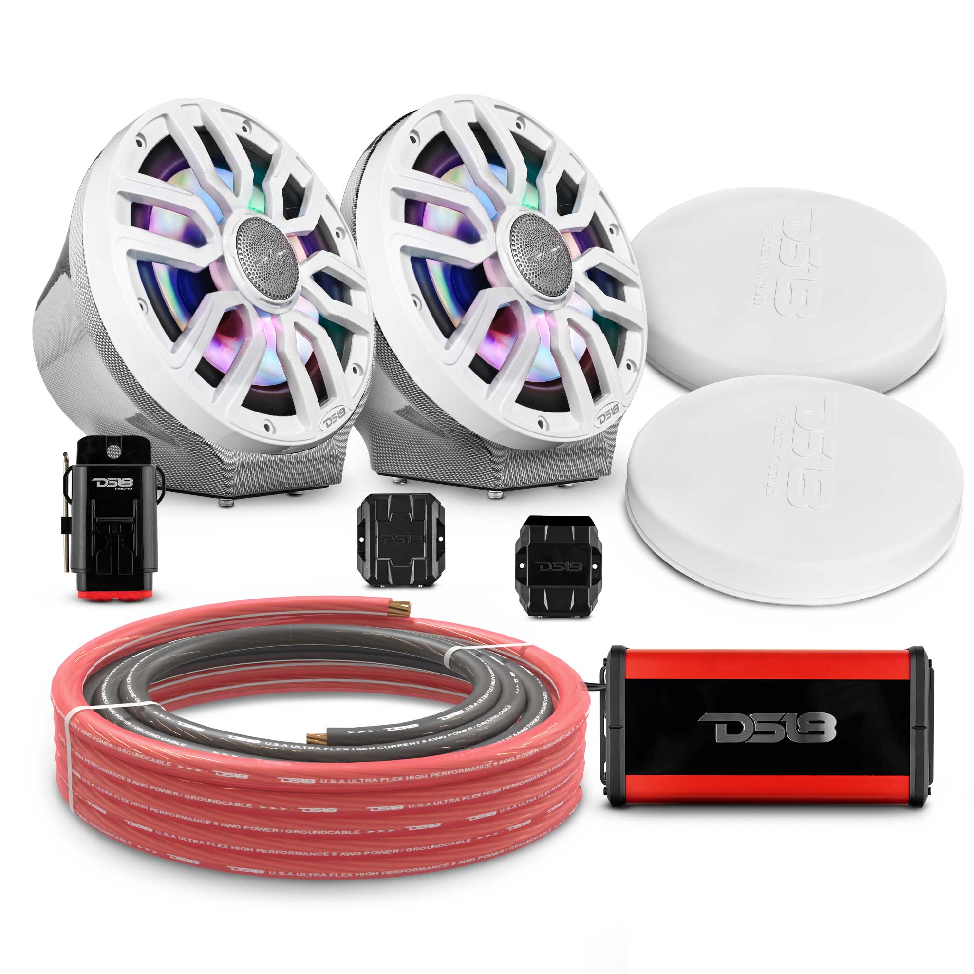 DS18 8" Loaded Flat Mount Speaker Pods with Amplifier, Installation Kit and Digital LED Lights, Package for Can-Am Spyder & Ryker