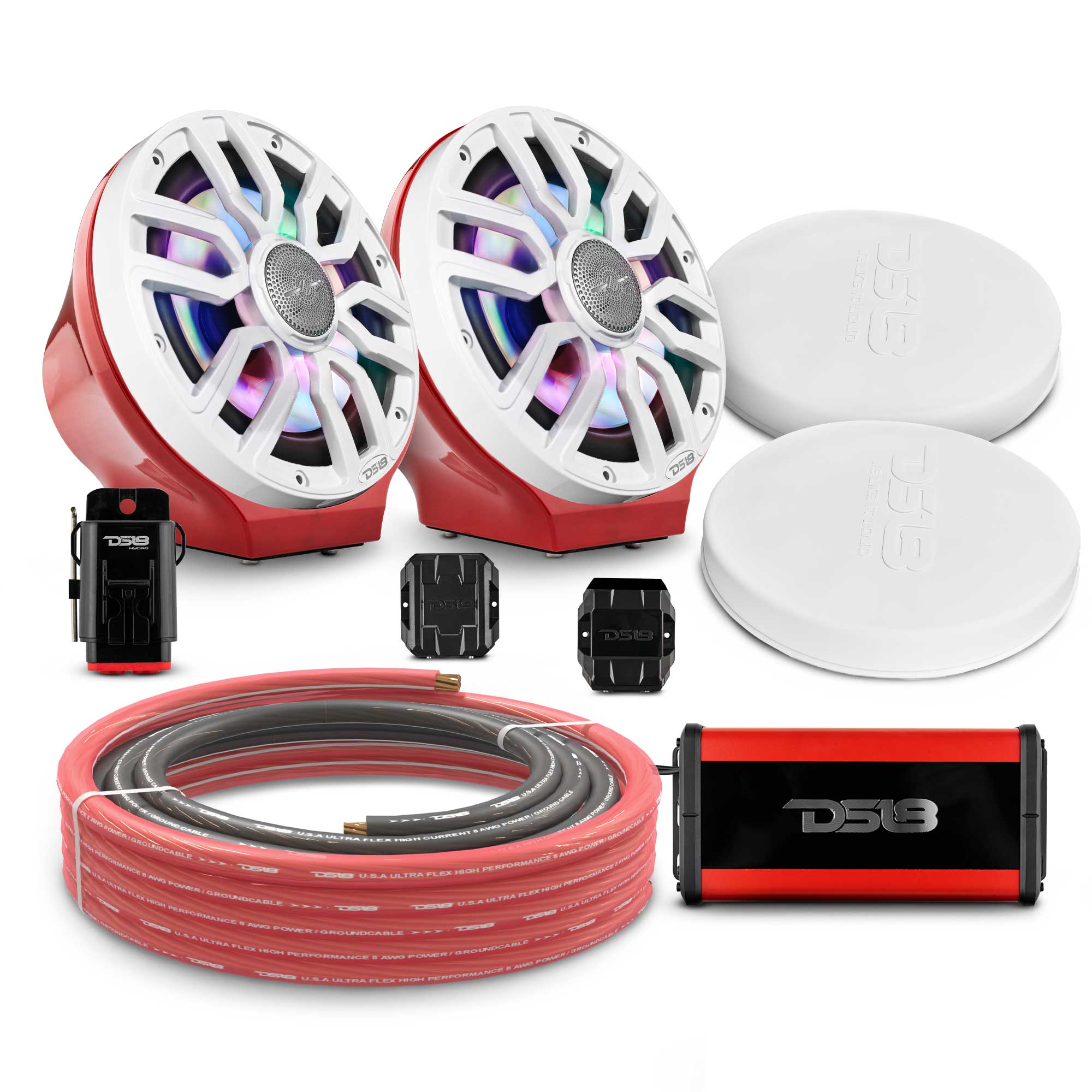 DS18 8" Loaded Flat Mount Speaker Pods with Amplifier, Installation Kit and Digital LED Lights, Package for Can-Am Spyder & Ryker