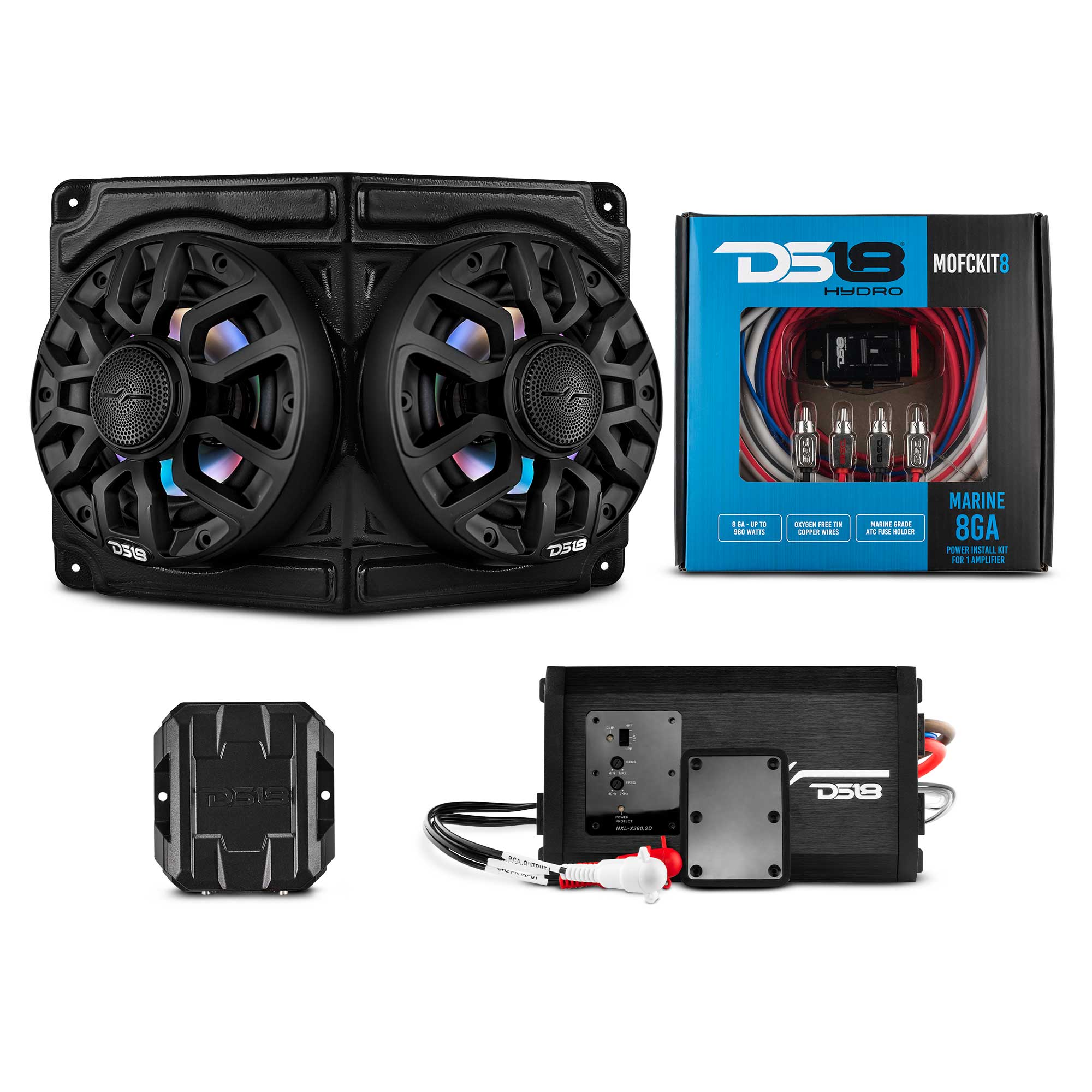 DS18 CAN-AM Overhead Enclosure With Amplifier and Installation Kit - Loaded with 2x 6.5" 2-Way Marine Speakers With Digital LED Lights