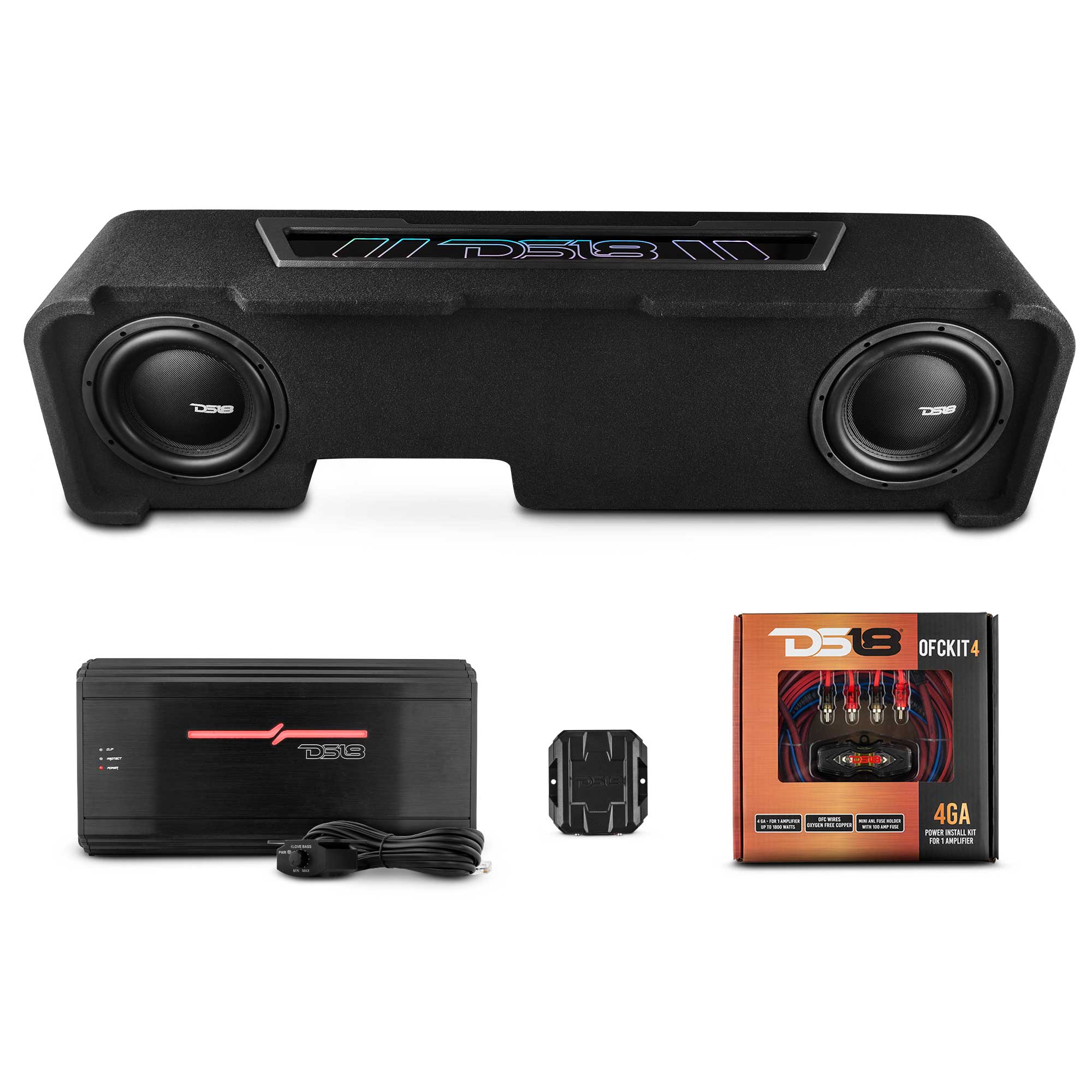 DS18 Chevy Silverado Down Firing Subwoofer Enclosure with Dream LED Lights, Amplifier and Wiring Kit