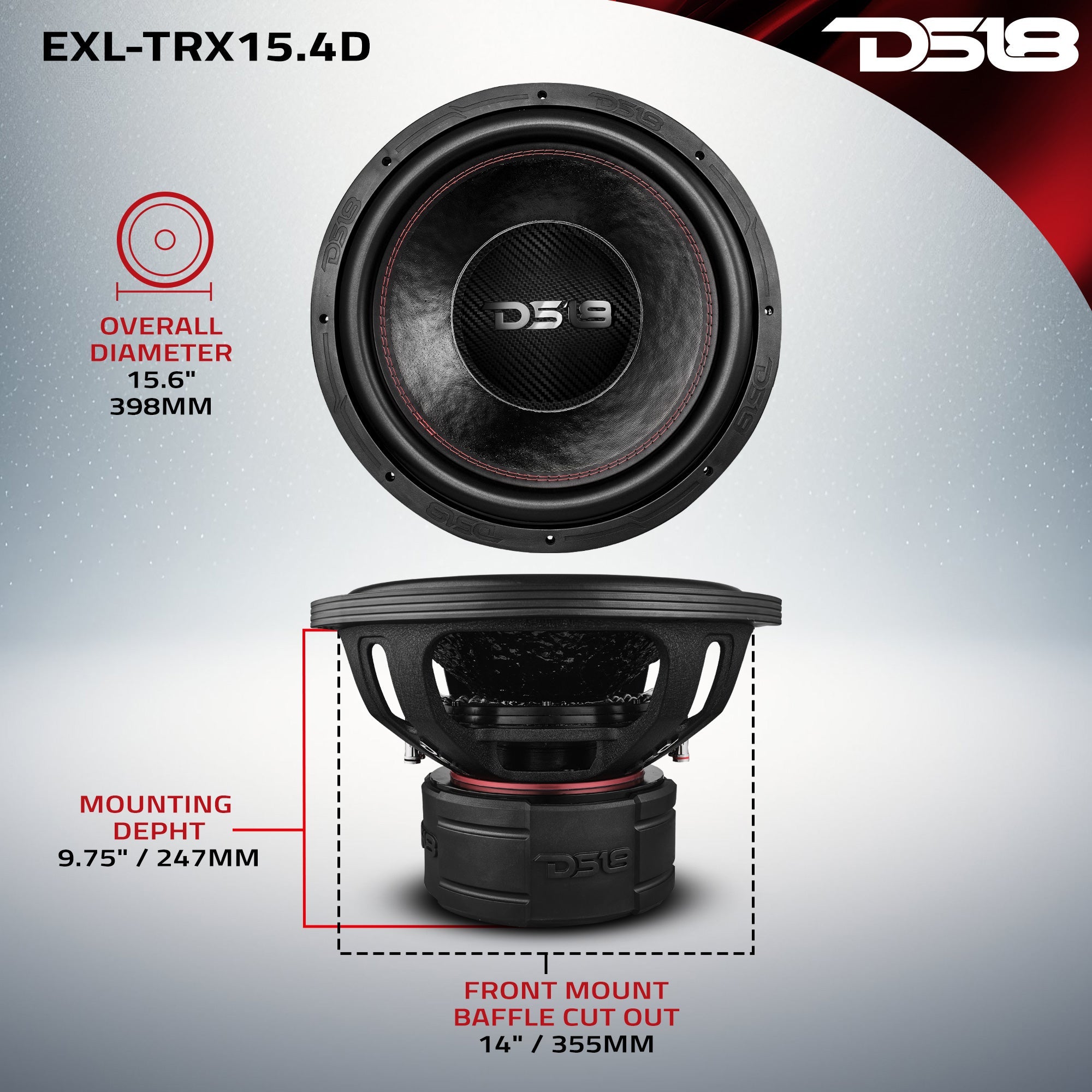 DS18 EXL 15” Subwoofer Quad Stack with Reinforced Cone 3000 Watts RMS 4” Dvc 4-Ohm