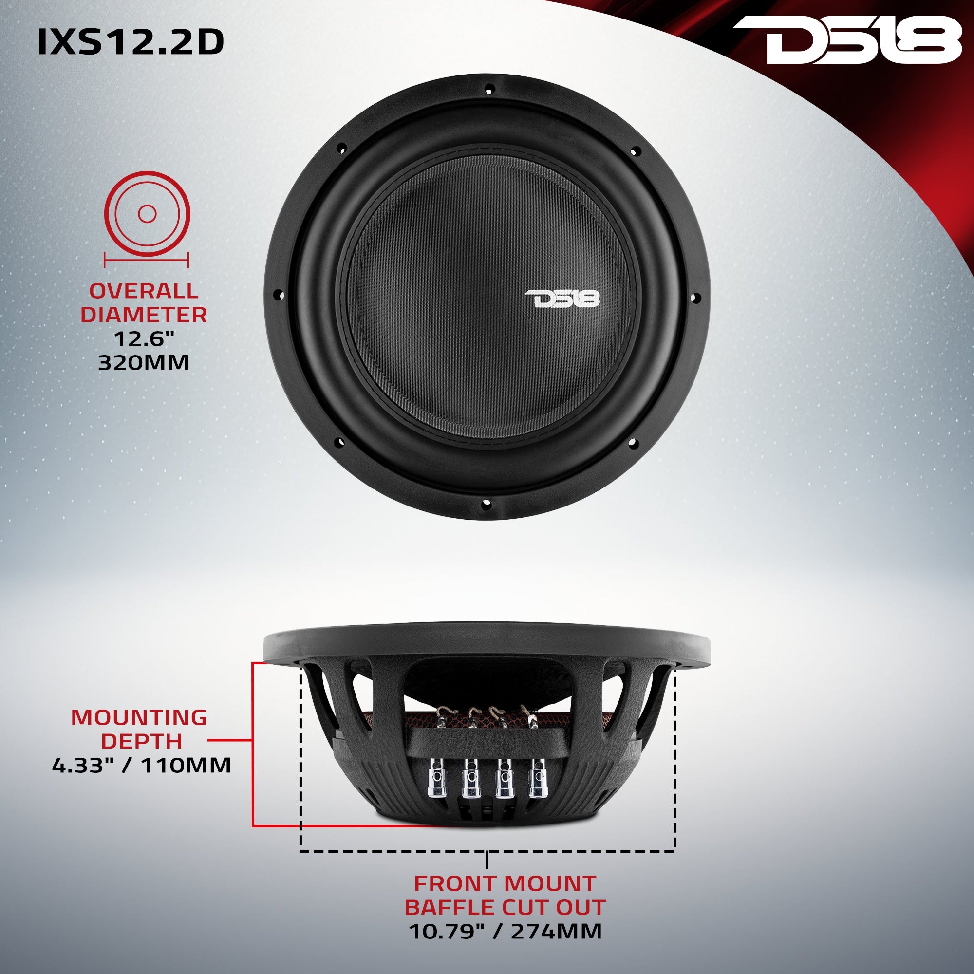 DS18 IXS Shallow-Mount 12" Fiber Glass Subwoofer 800 Watts Rms DVC 2-Ohm