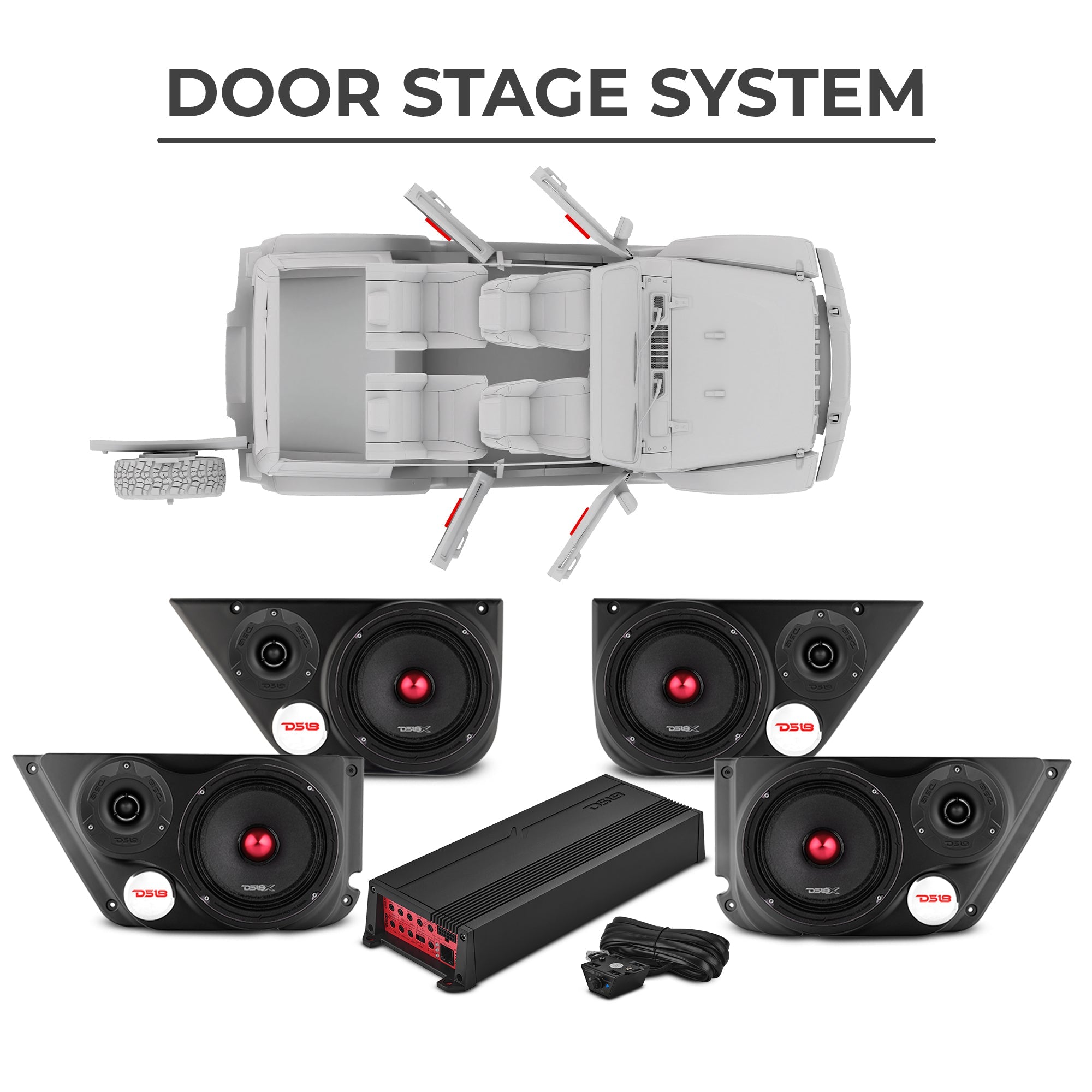 DS18 Jeep JKU 2007-2018 Ultimate Package – Loaded Sound Bar, Door Panels, Tailgate Subwoofers & Amplifiers