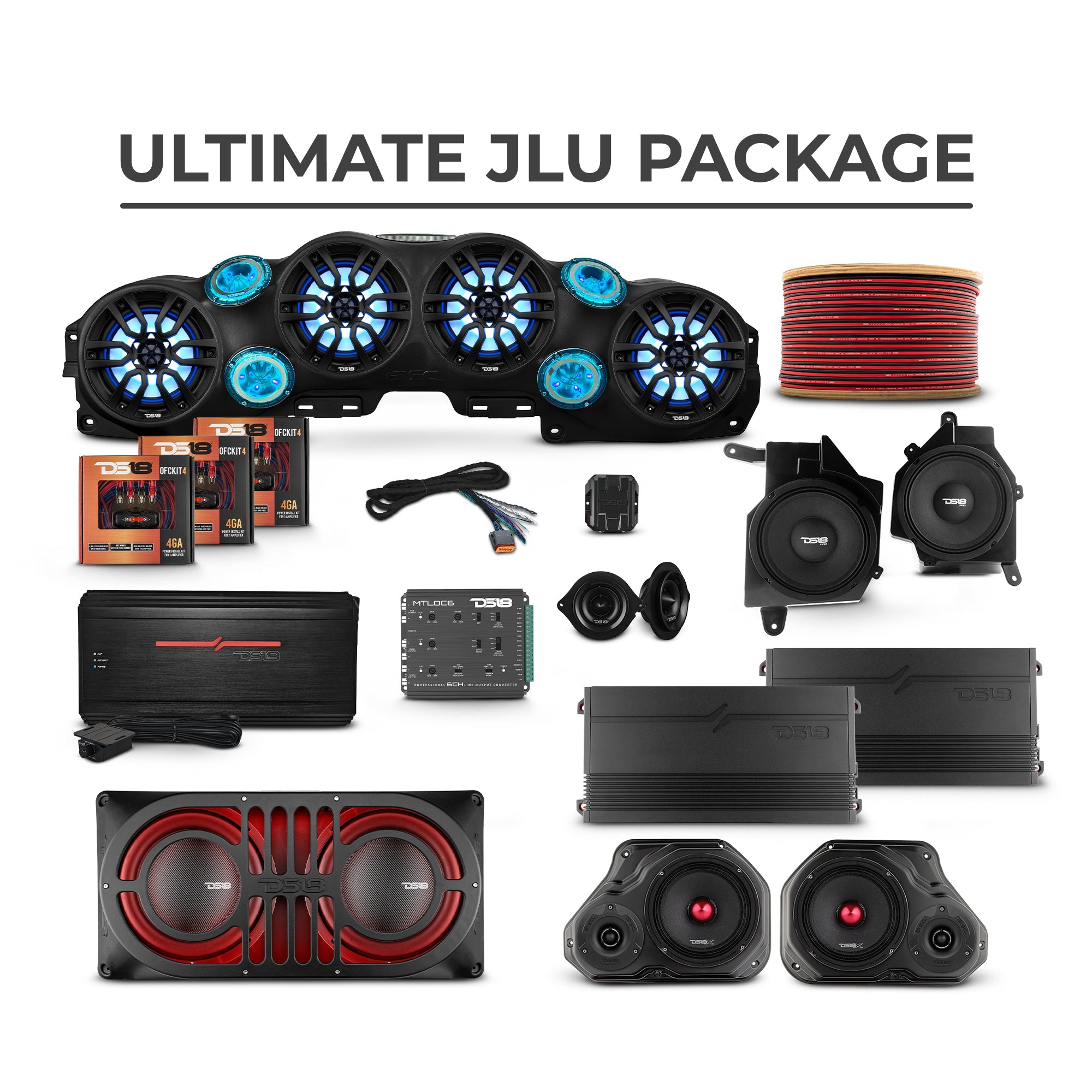 DS18 Jeep JLU 2018–2023 Ultimate Package – Loaded Sound Bar, Door Panels, Subwoofers & Amplifiers