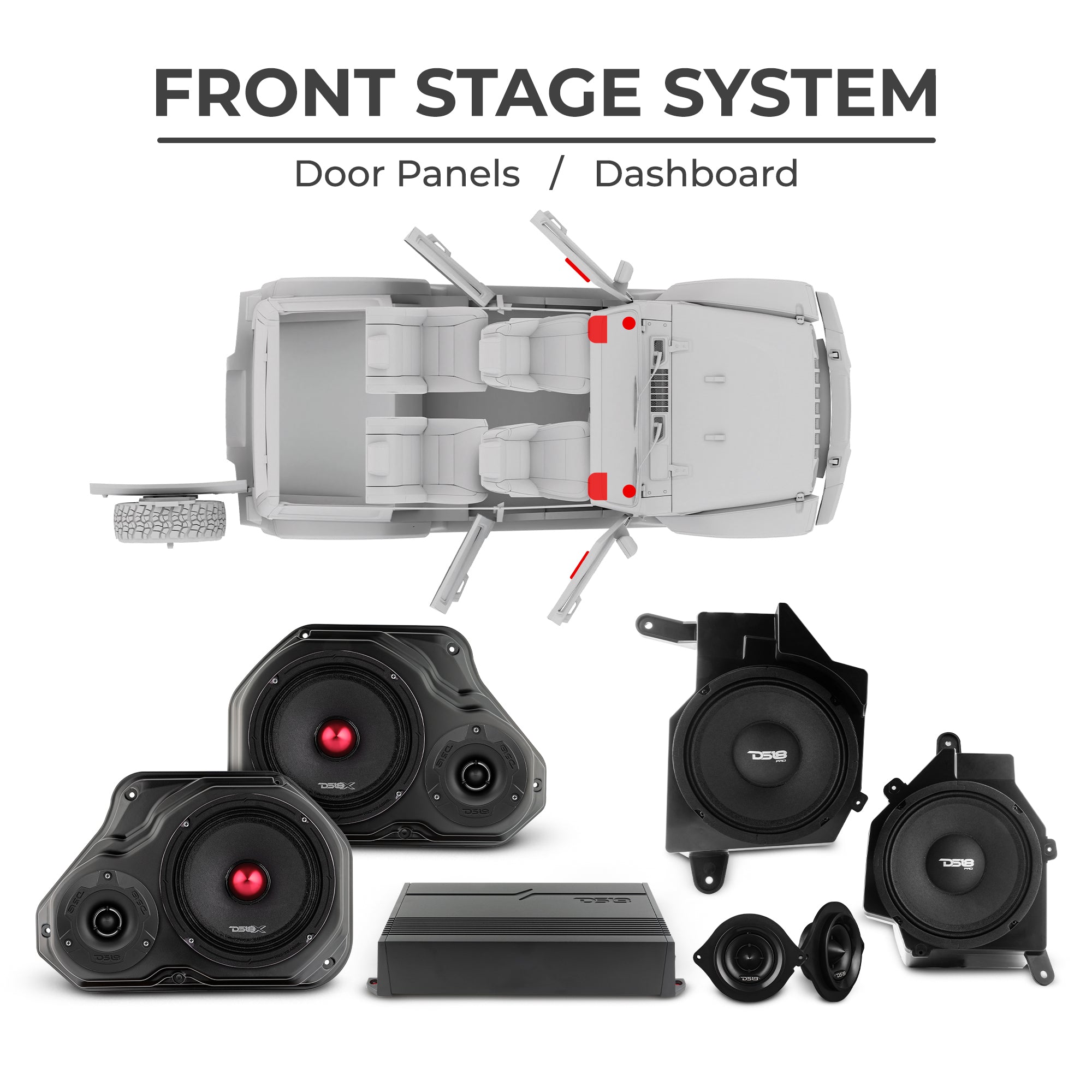 DS18 Jeep JLU 2018–2023 Ultimate Package – Loaded Sound Bar, Door Panels, Subwoofers & Amplifiers