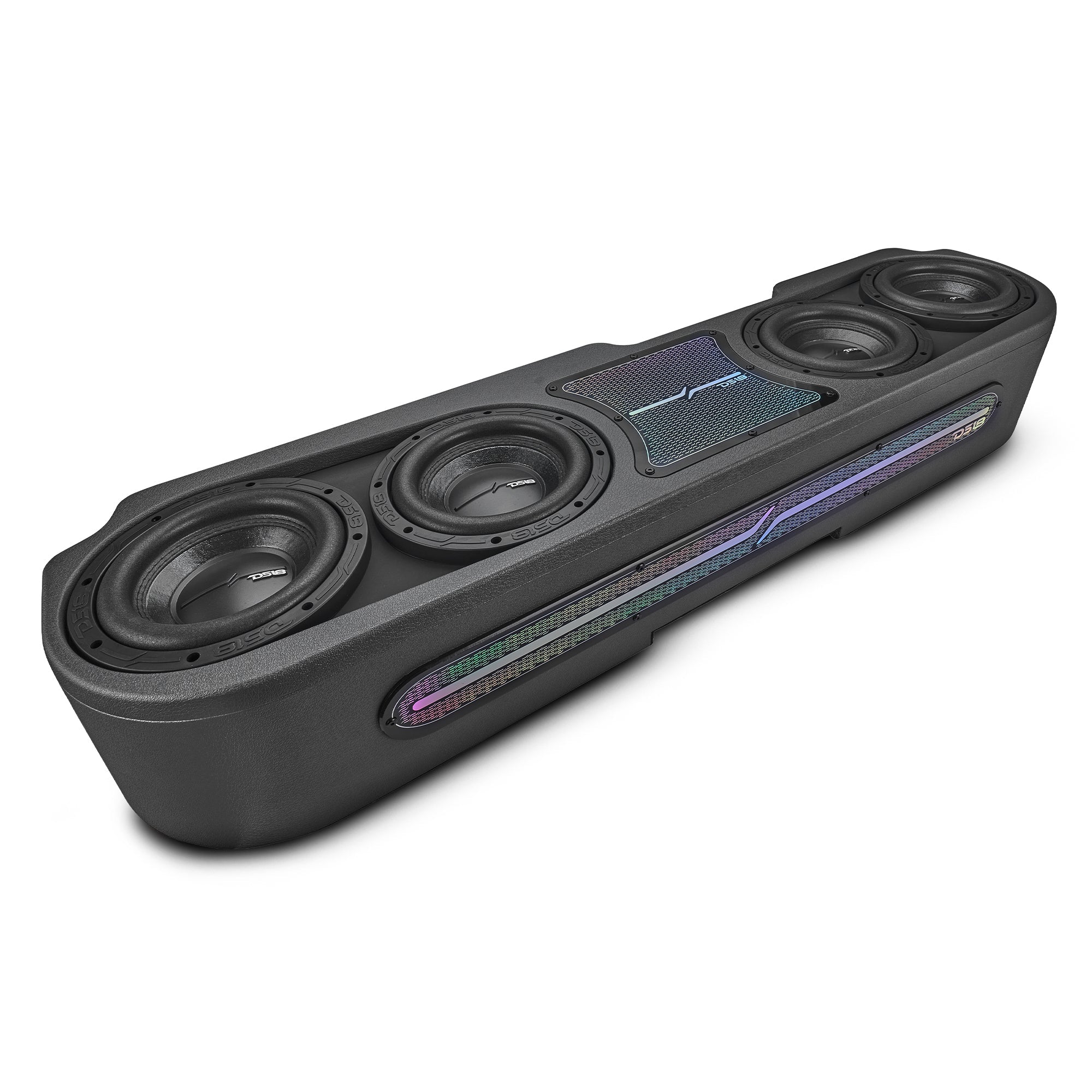 DS18 Jeep JT Gladiator Loaded Under Rear Seat Subwoofer Enclosure with 4 X 8" ZR8.2D, Leather Wrapped and Digital LED Lights | 1800 Watts RMS @ 1-Ohm