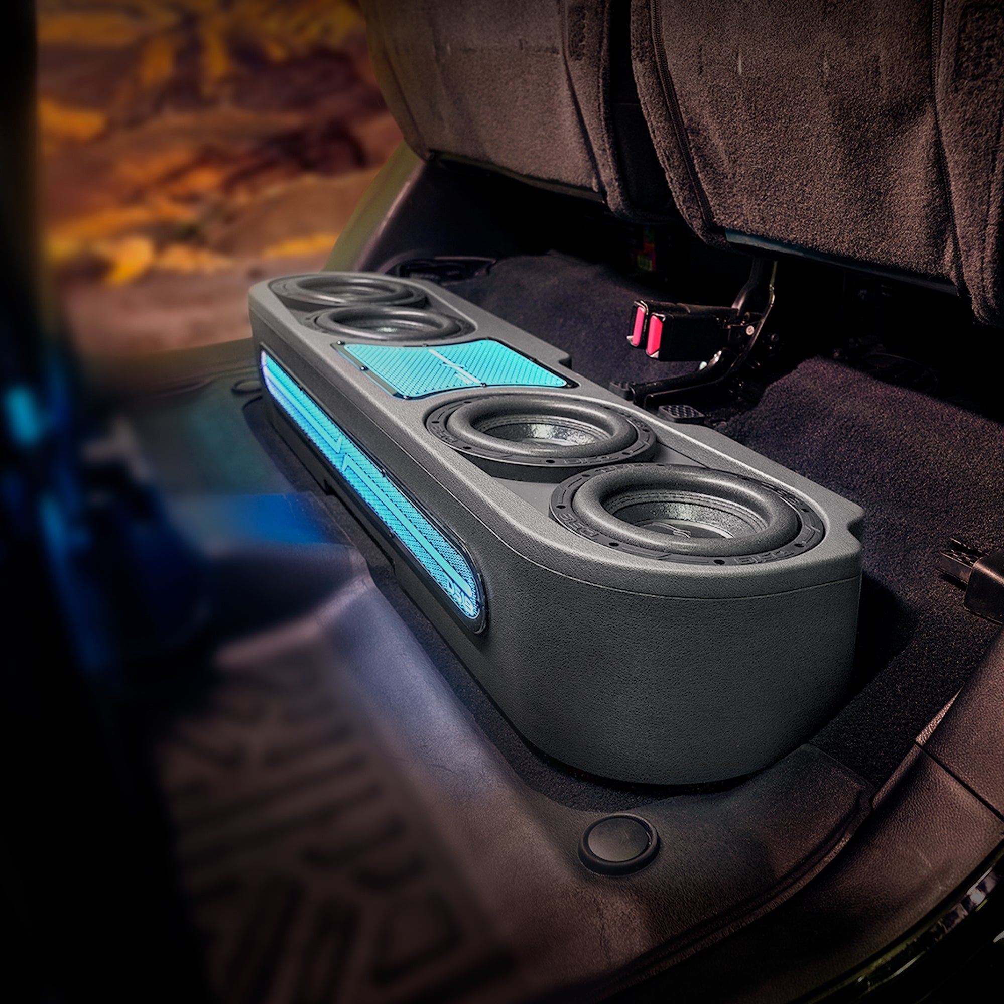 DS18 Jeep JT Gladiator Loaded Under Rear Seat Subwoofer Enclosure with 4 X 8" ZR8.2D, Leather Wrapped and Digital LED Lights | 1800 Watts RMS @ 1-Ohm