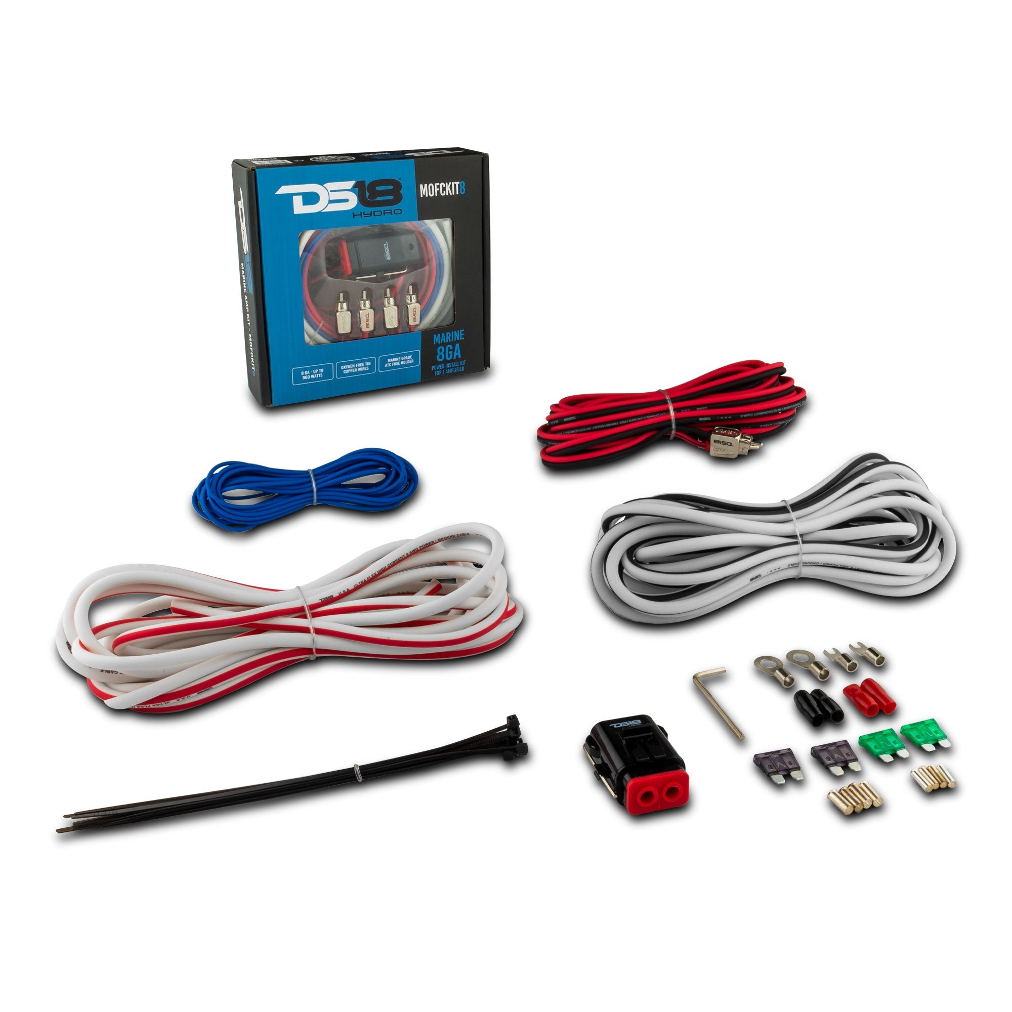 DS18 8-GA Marine Tinned OFC Amplifier Installation Kit - WHITE