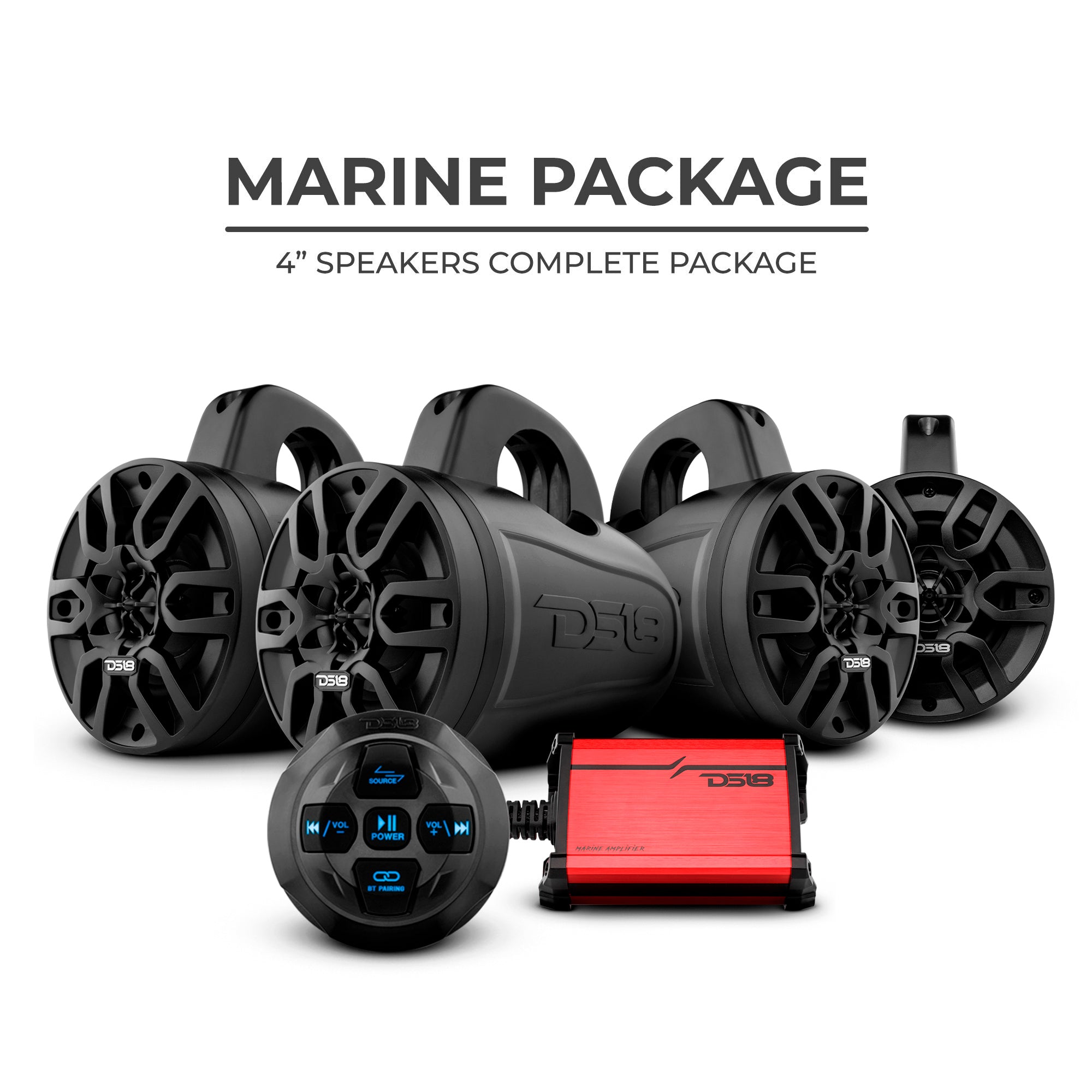 DS18 MP 4 x 4" Wakeboard Tower Speakers Package Amplifier And Bluetooth Audio Receiver 100 Watts Rms