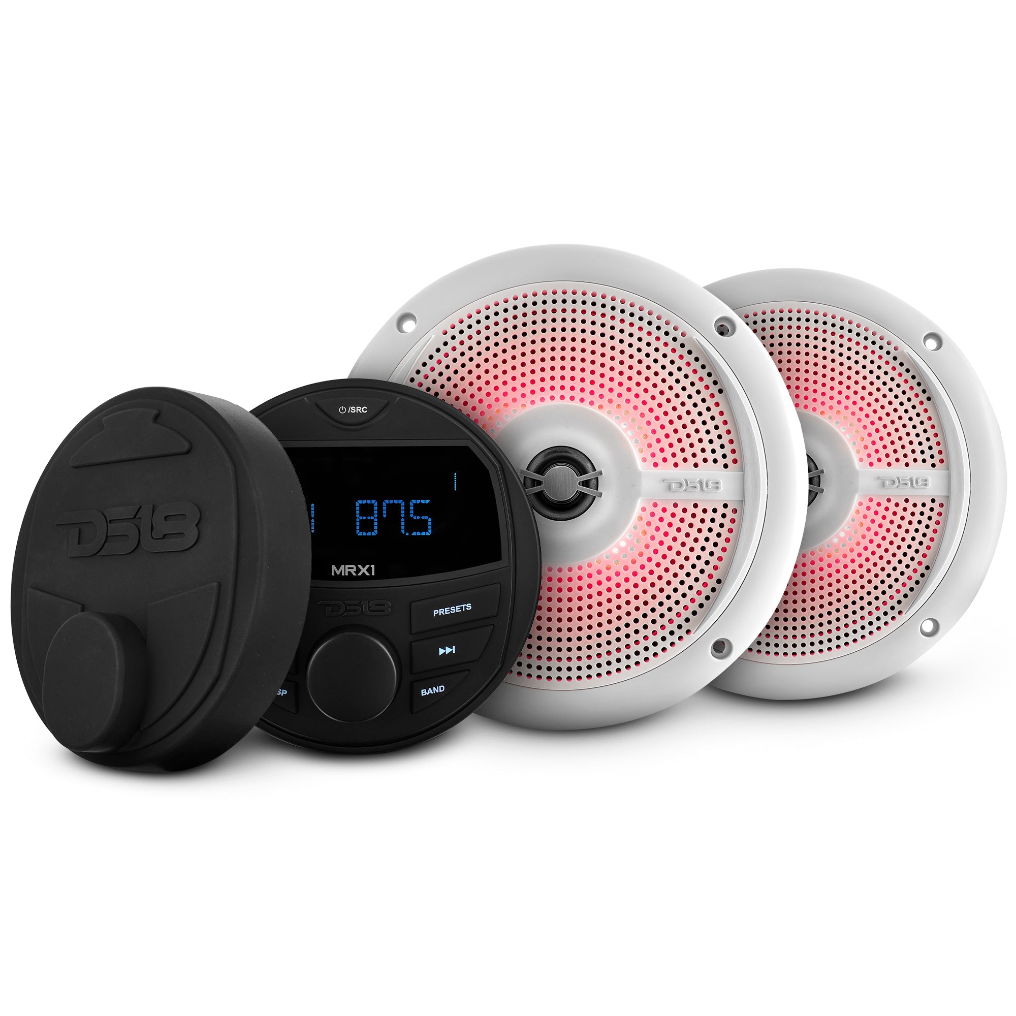 DS18 Marine and Powersports Headunit and 6.5" Marine Speaker Package (MRX1 and 2 X NXL-6SL/WH) - White