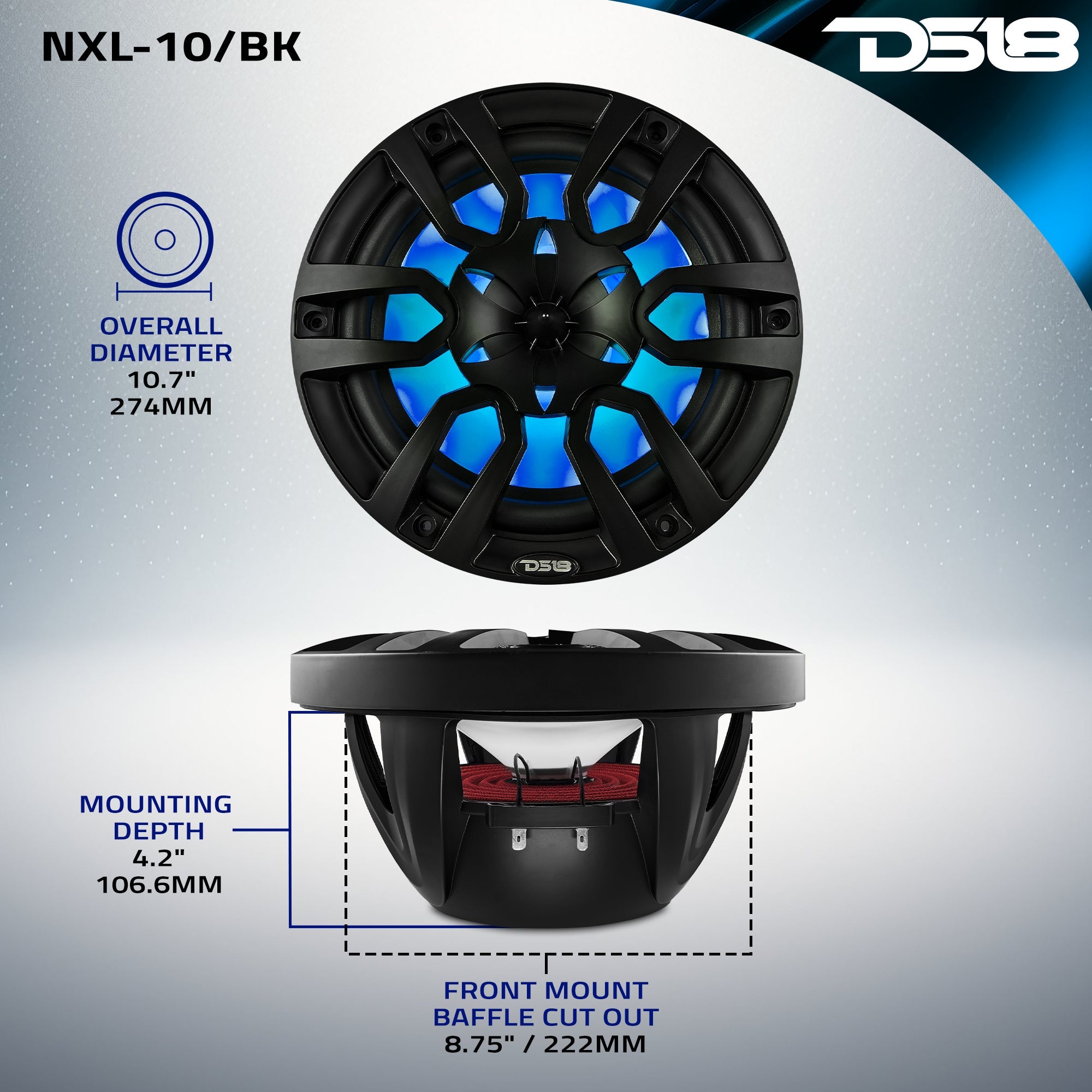 DS18 NXL 10" 2-Way Coaxial Marine Speaker with LED RGB Lights | 200W RMS 4-Ohm