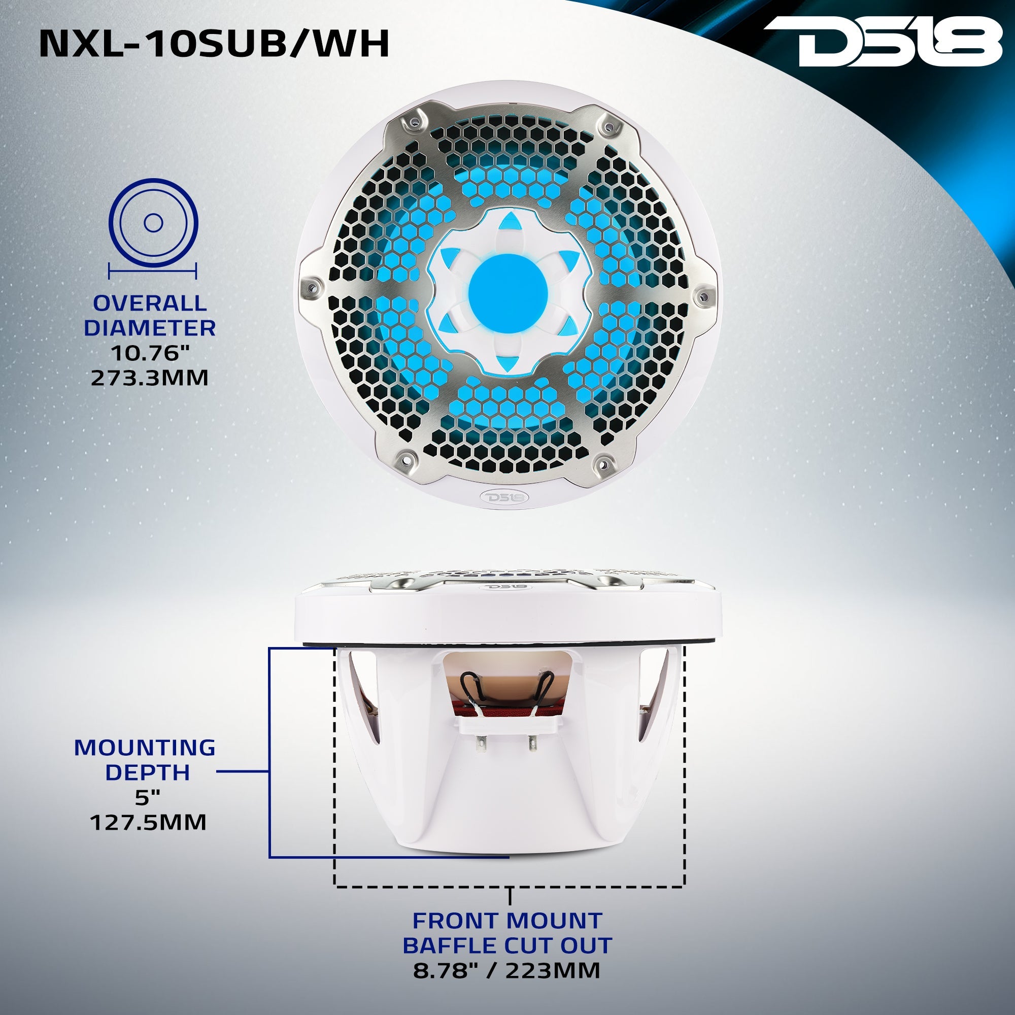 DS18 NXL 10" Marine Subwoofer with LED RGB Lights 300 Watts Rms SVC 4-Ohm