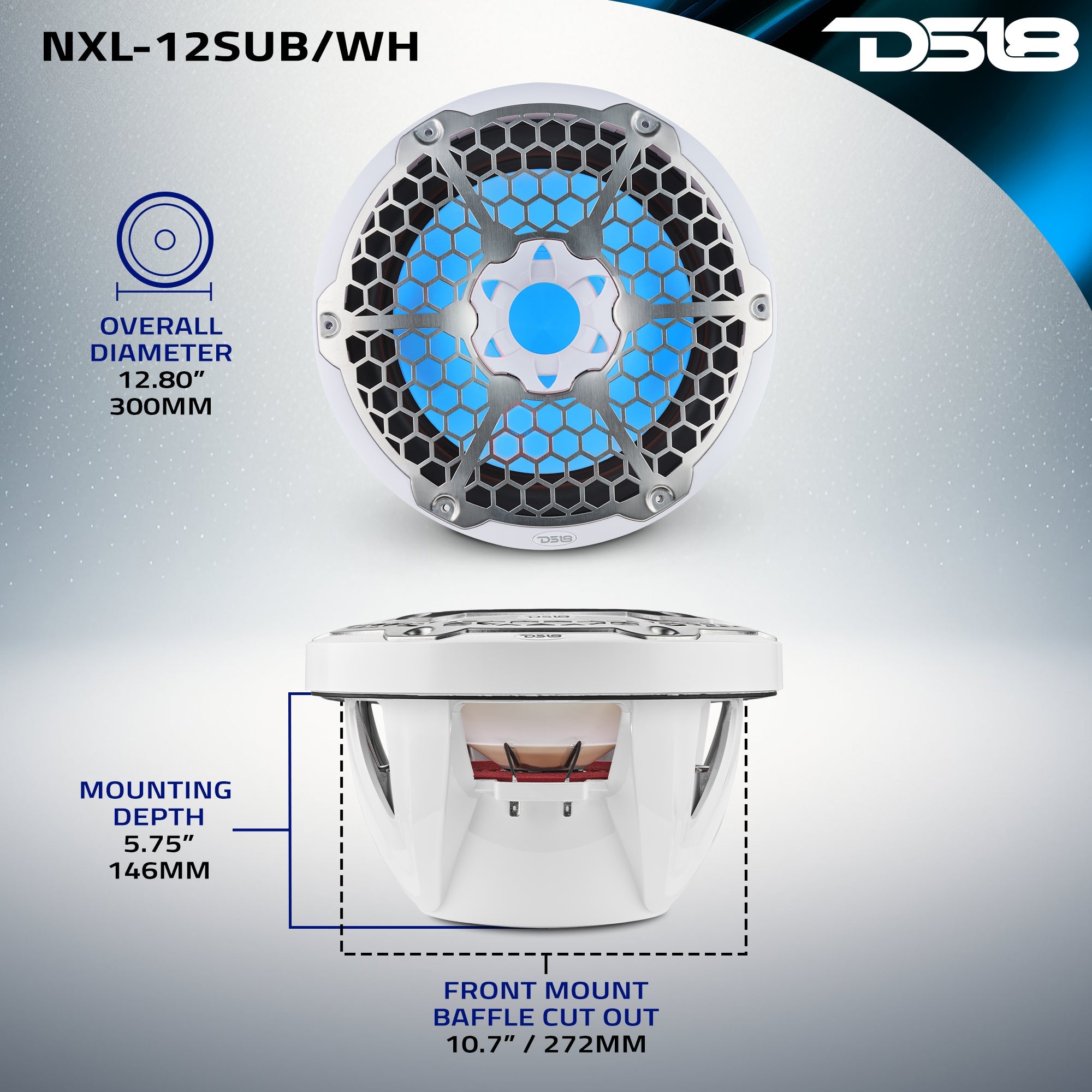 DS18 NXL 12" Marine Subwoofer with LED RGB Lights 350 Watts Rms SVC 4-Ohm