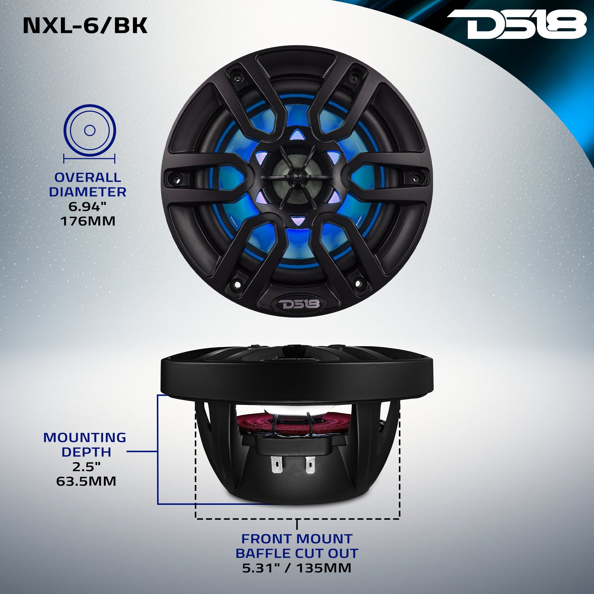 DS18 NXL 6.5" 2-Way Coaxial Marine Speaker with LED RGB Lights | 100W RMS 4-Ohm