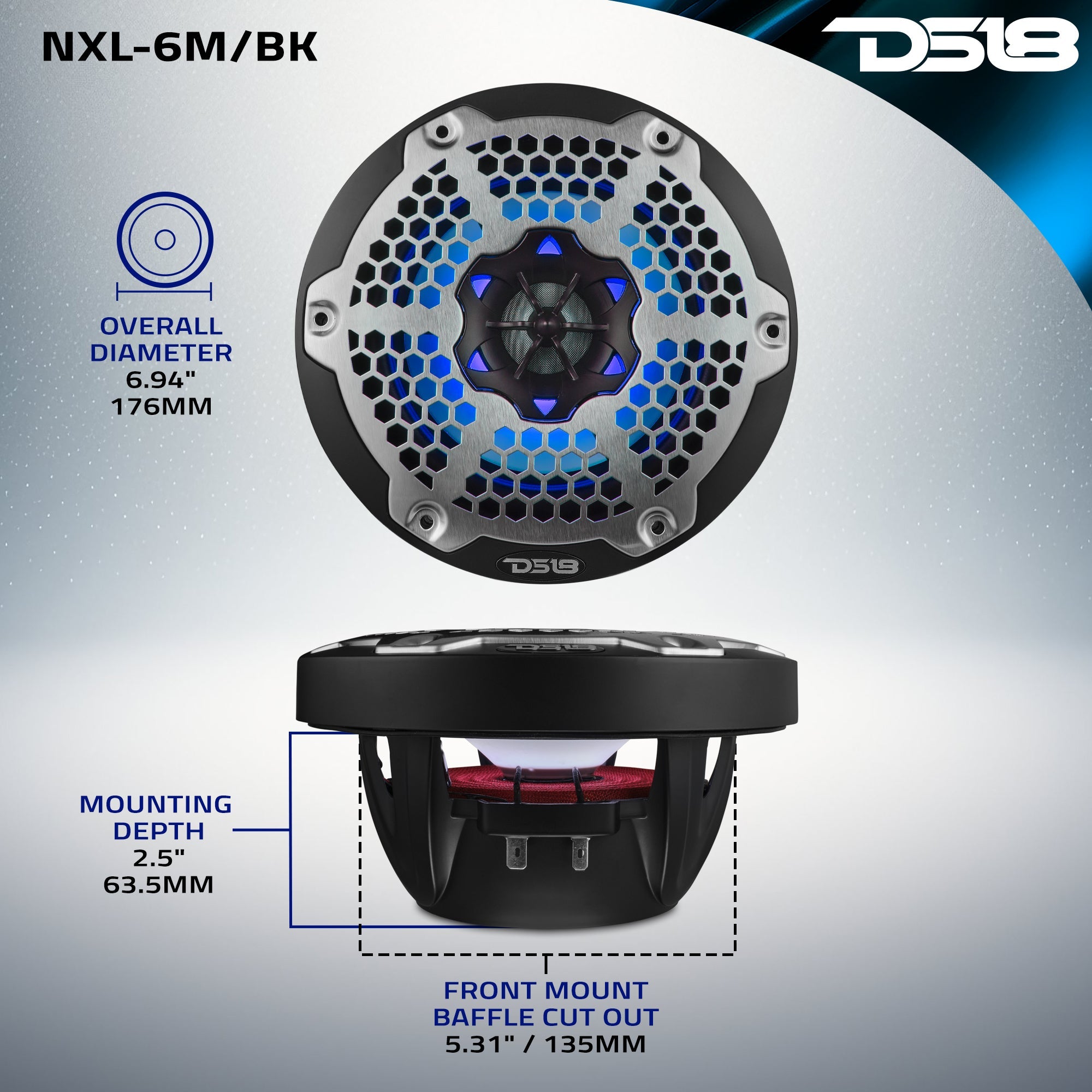 DS18 NXL 6.5" 2-Way Coaxial Marine Speaker with RGB LED Lights 100 Watts Rms 4-Ohm