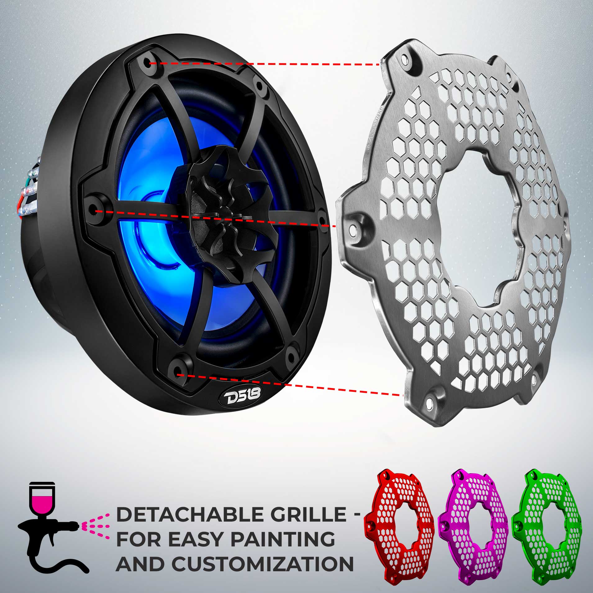 DS18 NXL 6.5" 2-Way Coaxial Marine Speaker with RGB LED Lights 100 Watts Rms 4-Ohm