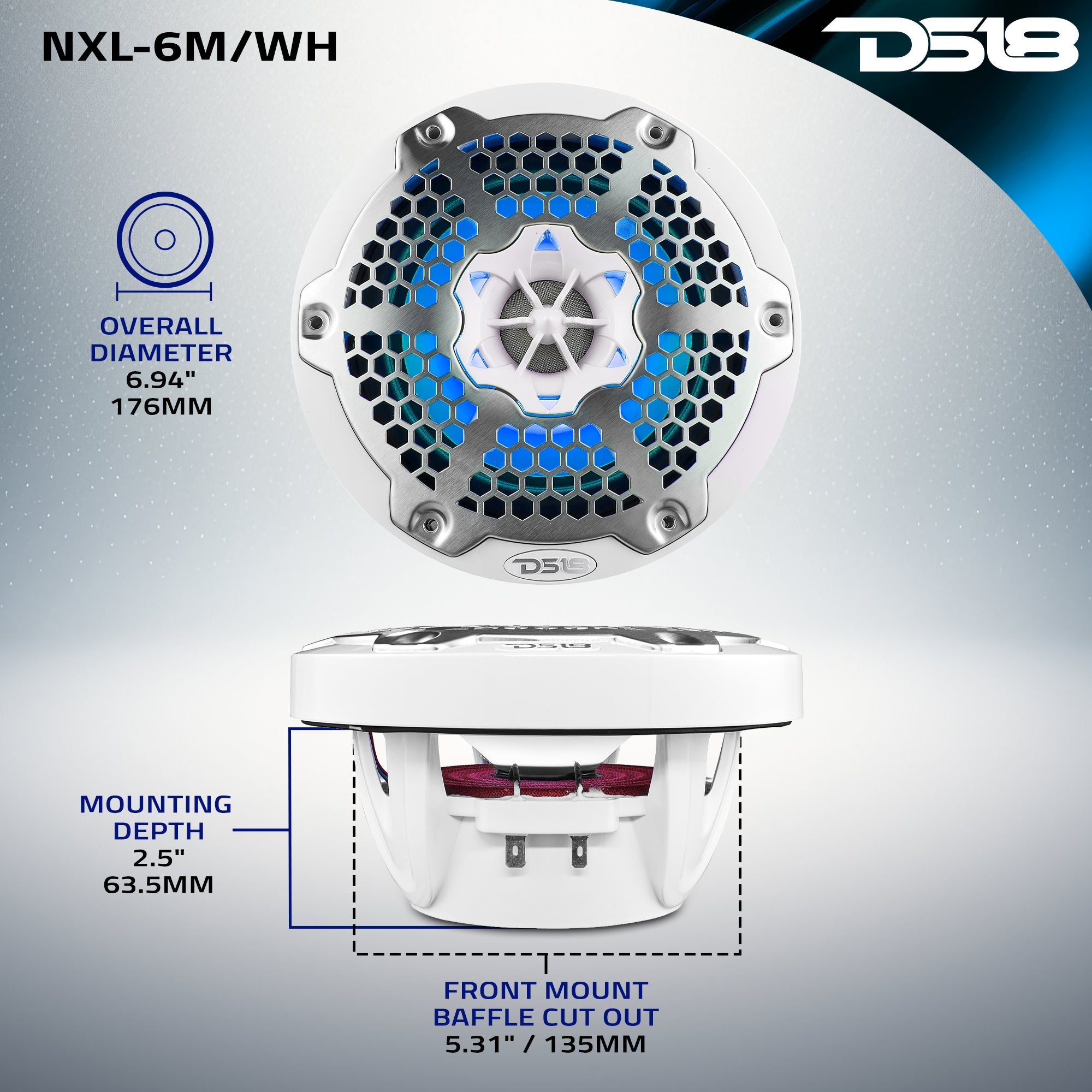 DS18 NXL 6.5" 2-Way Coaxial Marine Speaker With LED RGB Lights 100 Watts Rms 4-Ohm