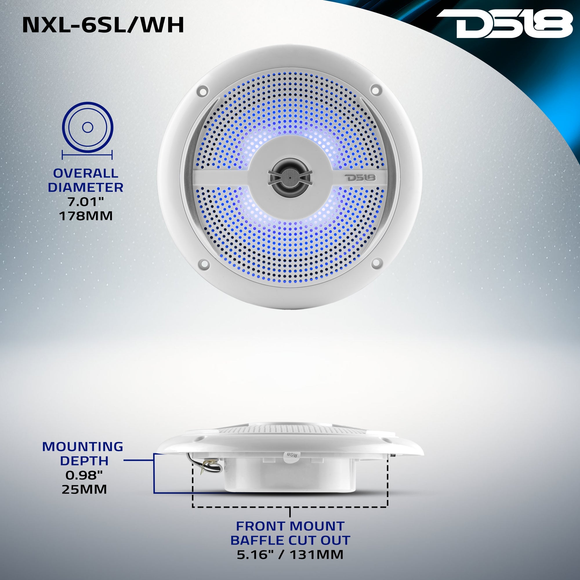 DS18 NXL 6.5" 2-Way Coaxial Marine Shallow Speaker With LED RGB Lights 25 Watts Rms 4-Ohm