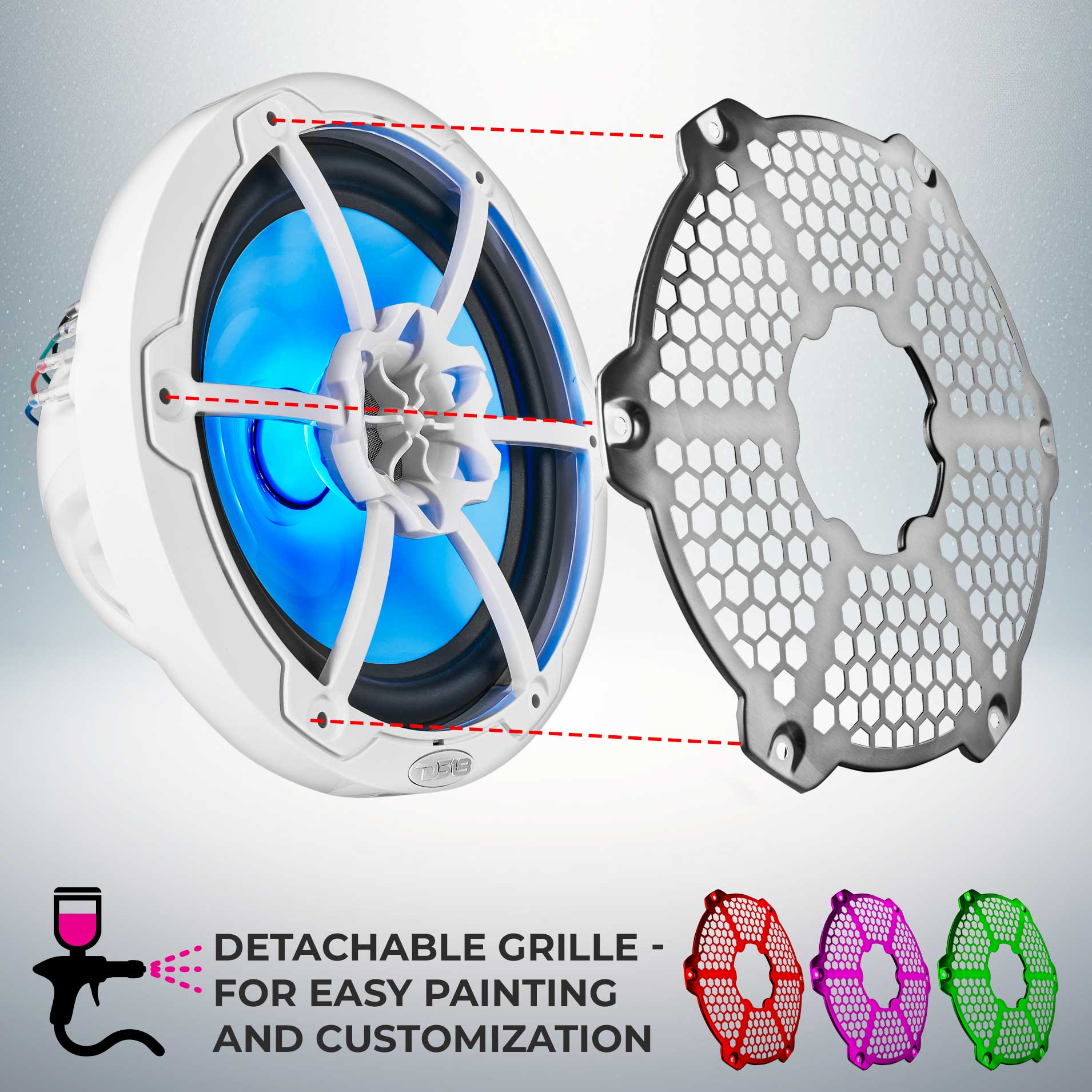 DS18 NXL 8" 2-Way Coaxial Marine Speaker With LED RGB Lights 125 Watts Rms 4-Ohm