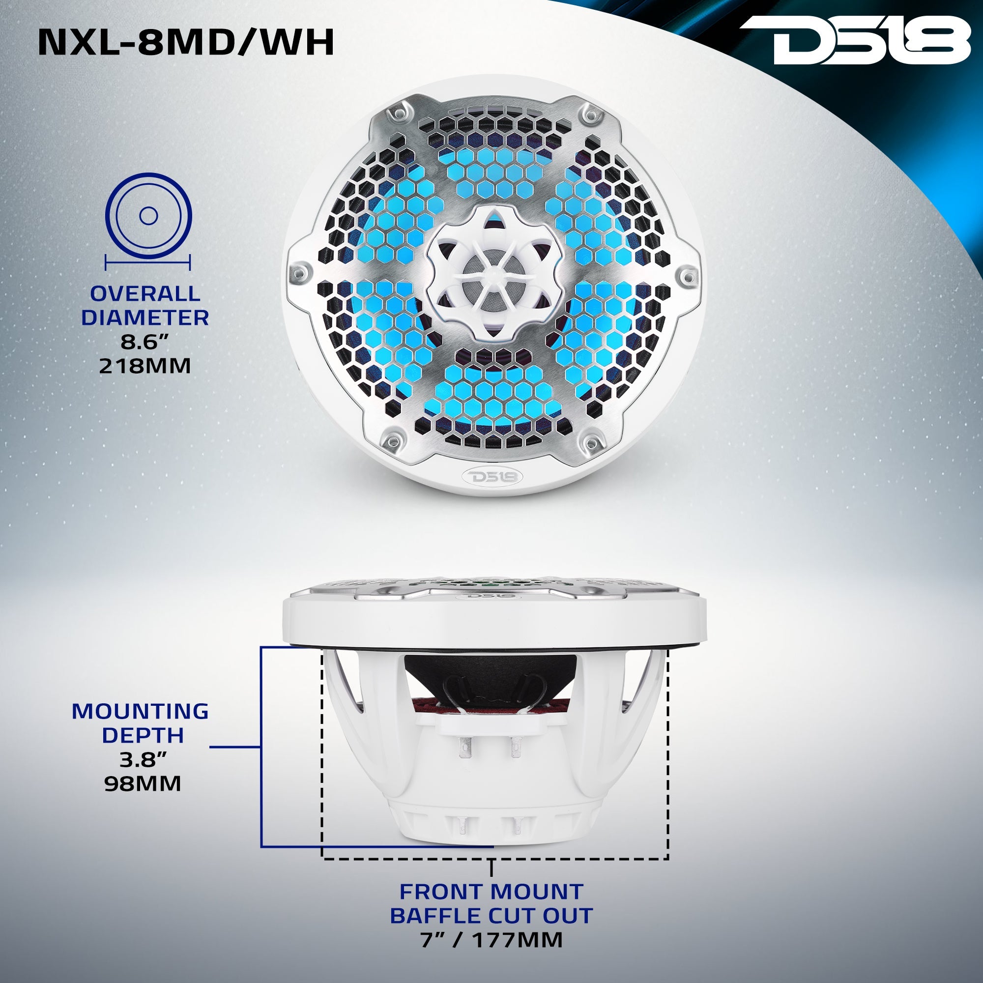 DS18 8” Marine 2-Way Hybrid Speaker with RGB LED, Compression Driver and Neodymium Magnet | 350W RMS 4-Ohm
