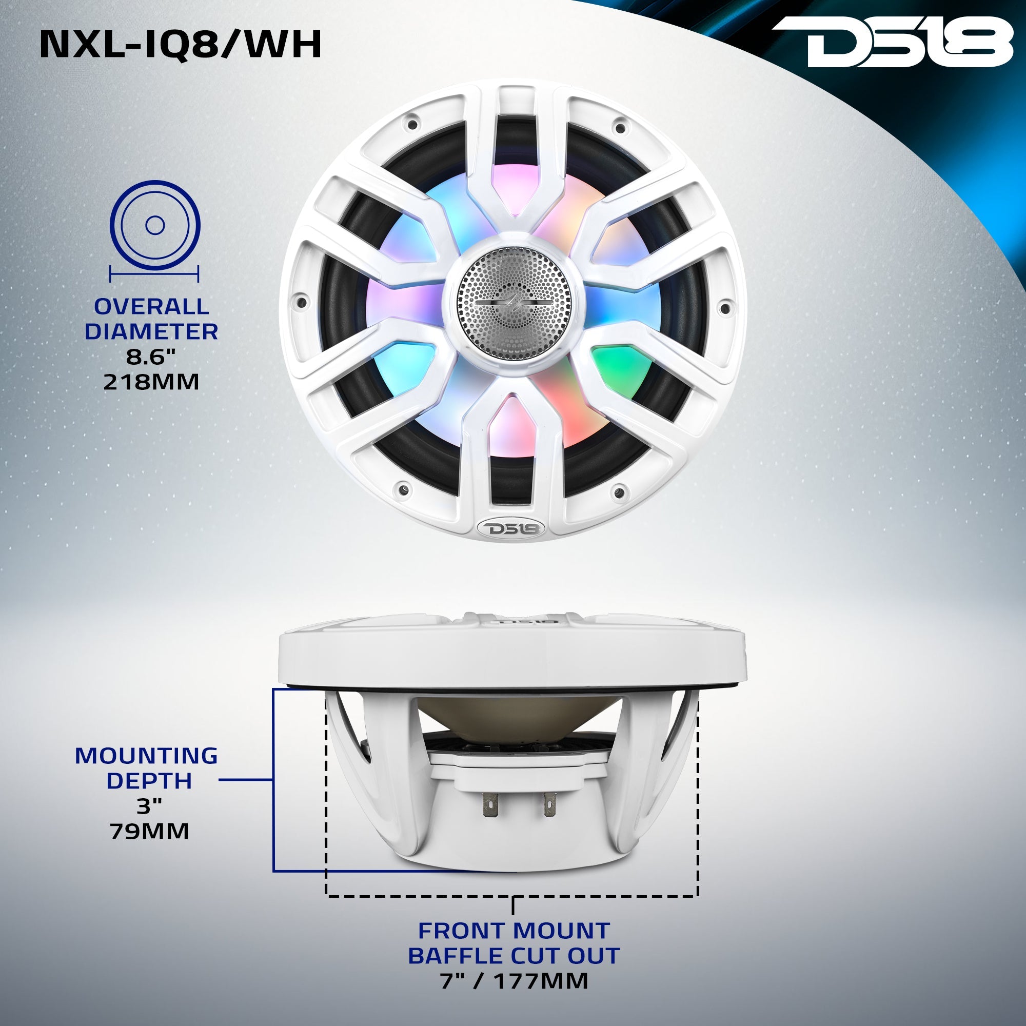 DS18 NXL 8" 2-Way Coaxial Marine Speaker with Bullet Tweeter and Digital Led Lights | 175W RMS 4-Ohm