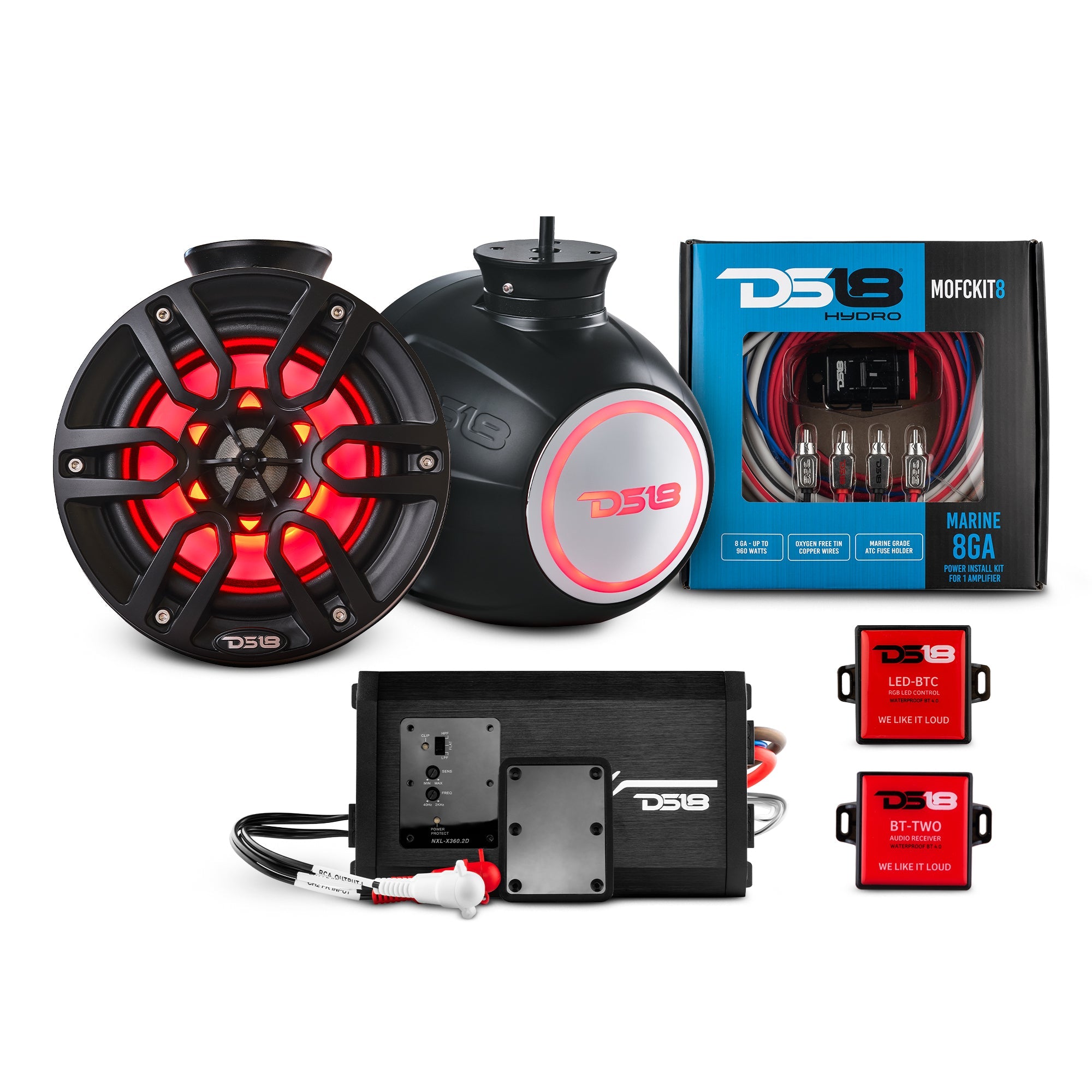 DS18 6.5" Compact Speaker Tower with Marine Amplifier, Installation Kit, and RGB LED Lights - Perfect Package for Jet Ski