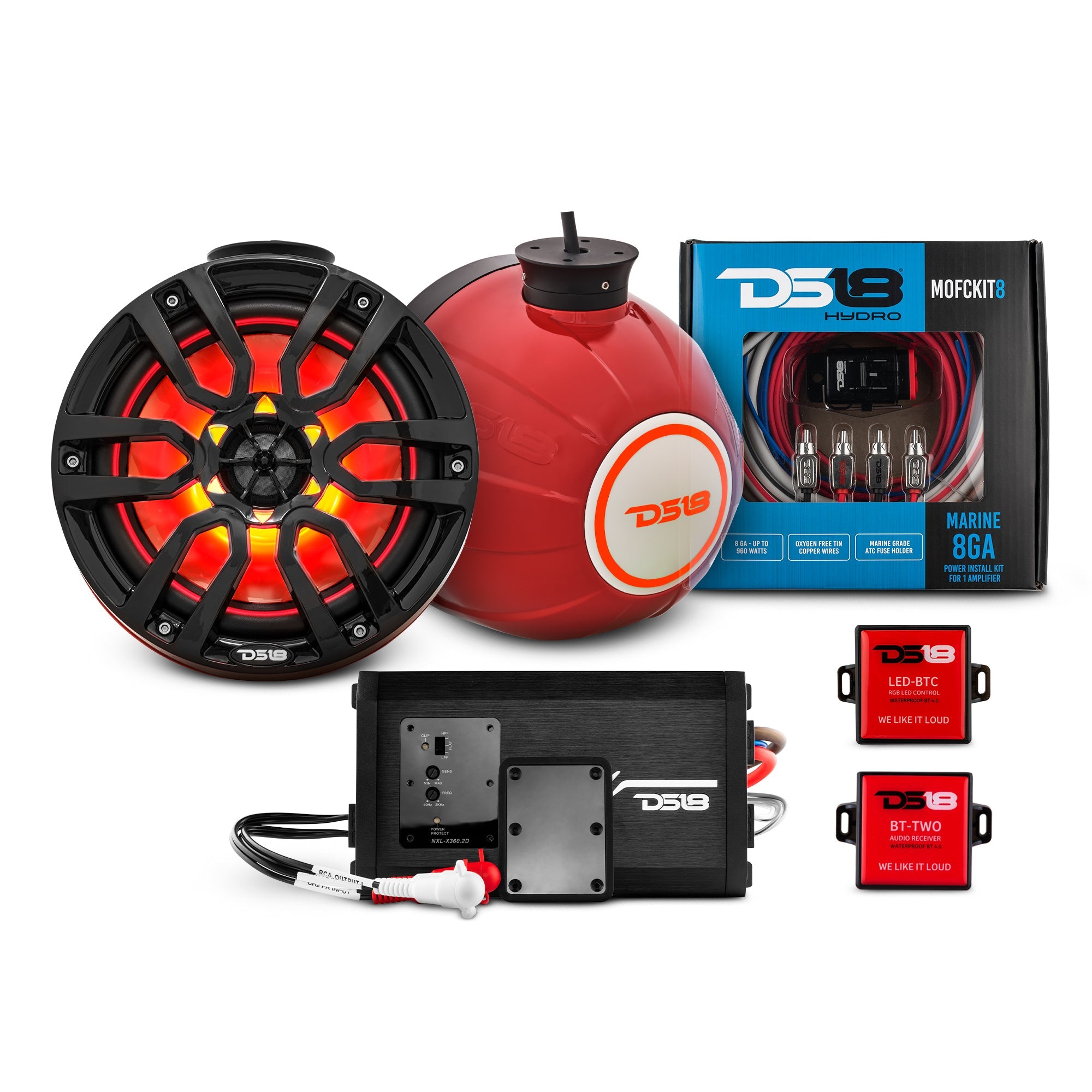 DS18 8" Compact Speaker Tower with Marine Amplifier, Installation Kit, and RGB LED Lights - Perfect Package for Jet Ski
