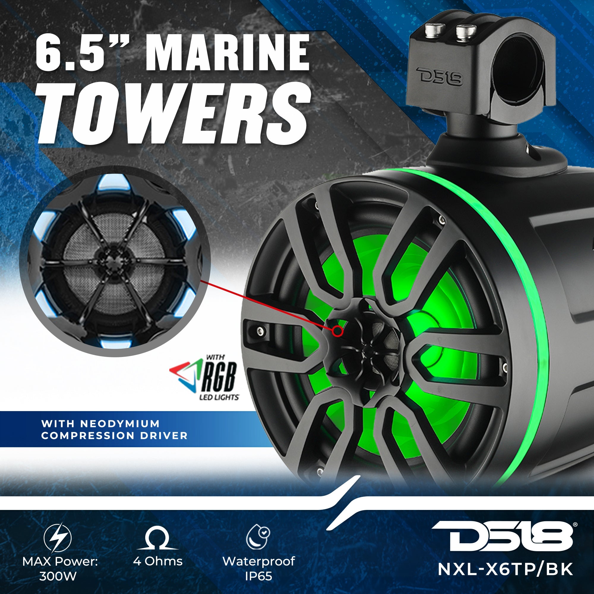 DS18 NXL 6.5" Marine and Powersports Towers LED RGB Lights 100 Watts Rms - Black