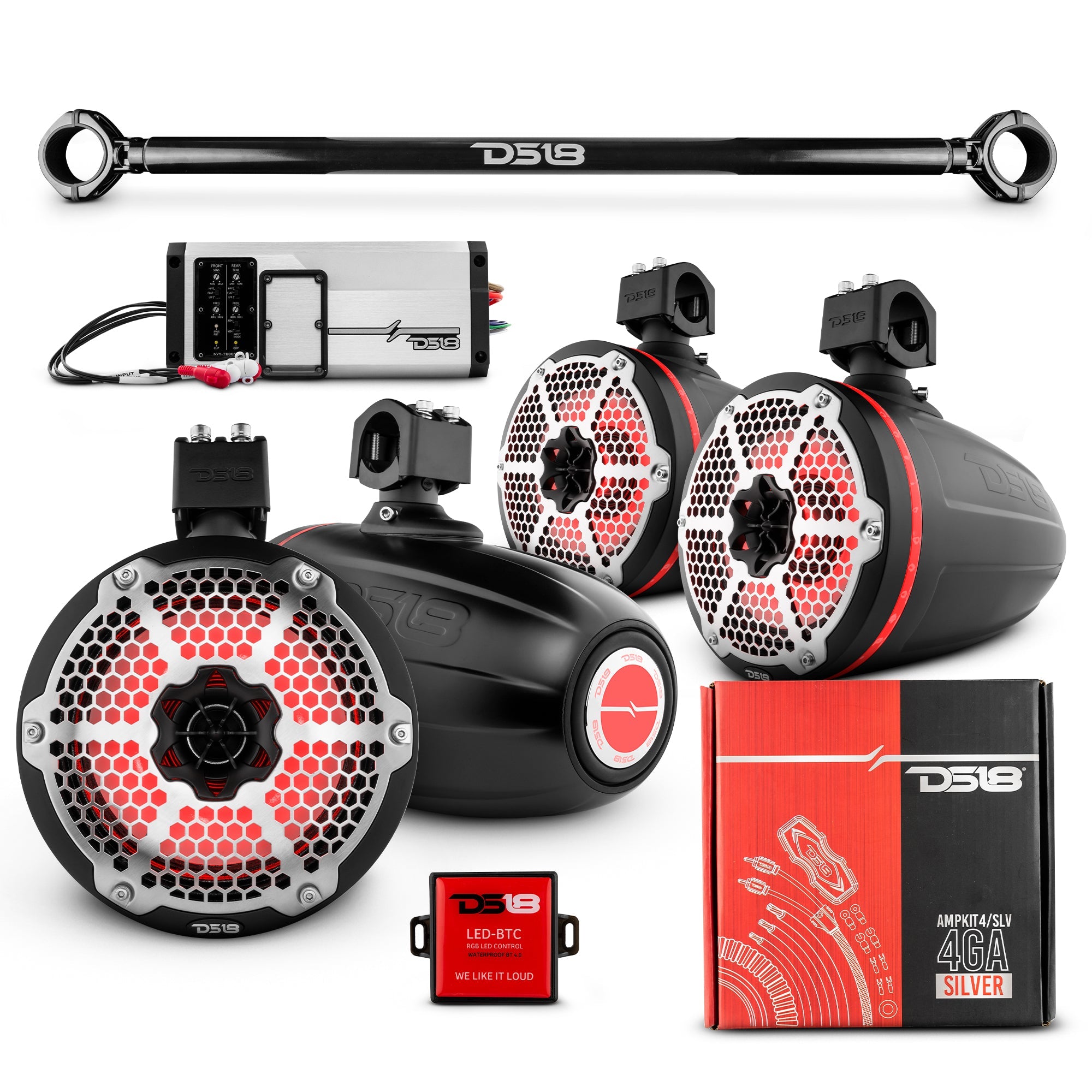 DS18 JK-TUBE 4x 8" Marine Towers Speakers with RGB LED Lights, 4-Channel Marine Amplifier and AMPKIT for Jeep JK/JKU