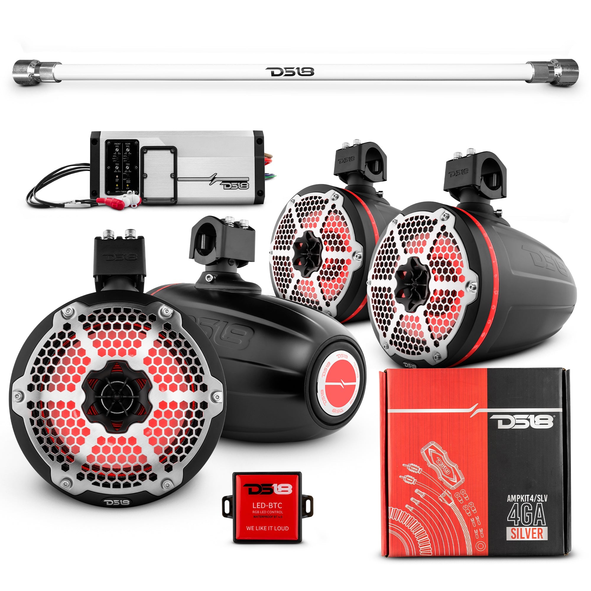DS18 PU-TUBE 4x 8" Marine Towers Speakers with RGB LED Lights, 4-Channel Marine Amplifier and AMPKIT for Pick Up & Trucks
