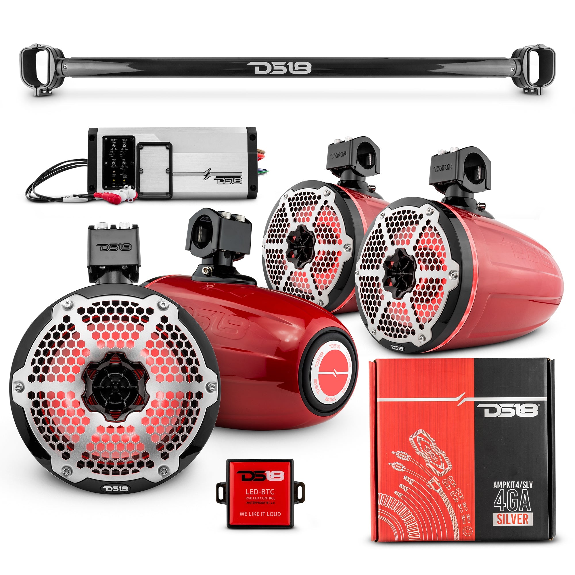 DS18 BRO-TUBE 4x 8" Marine Towers Speakers with RGB LED Lights, 4-Channel Marine Amplifier and AMPKIT for Ford Bronco 6th Gen