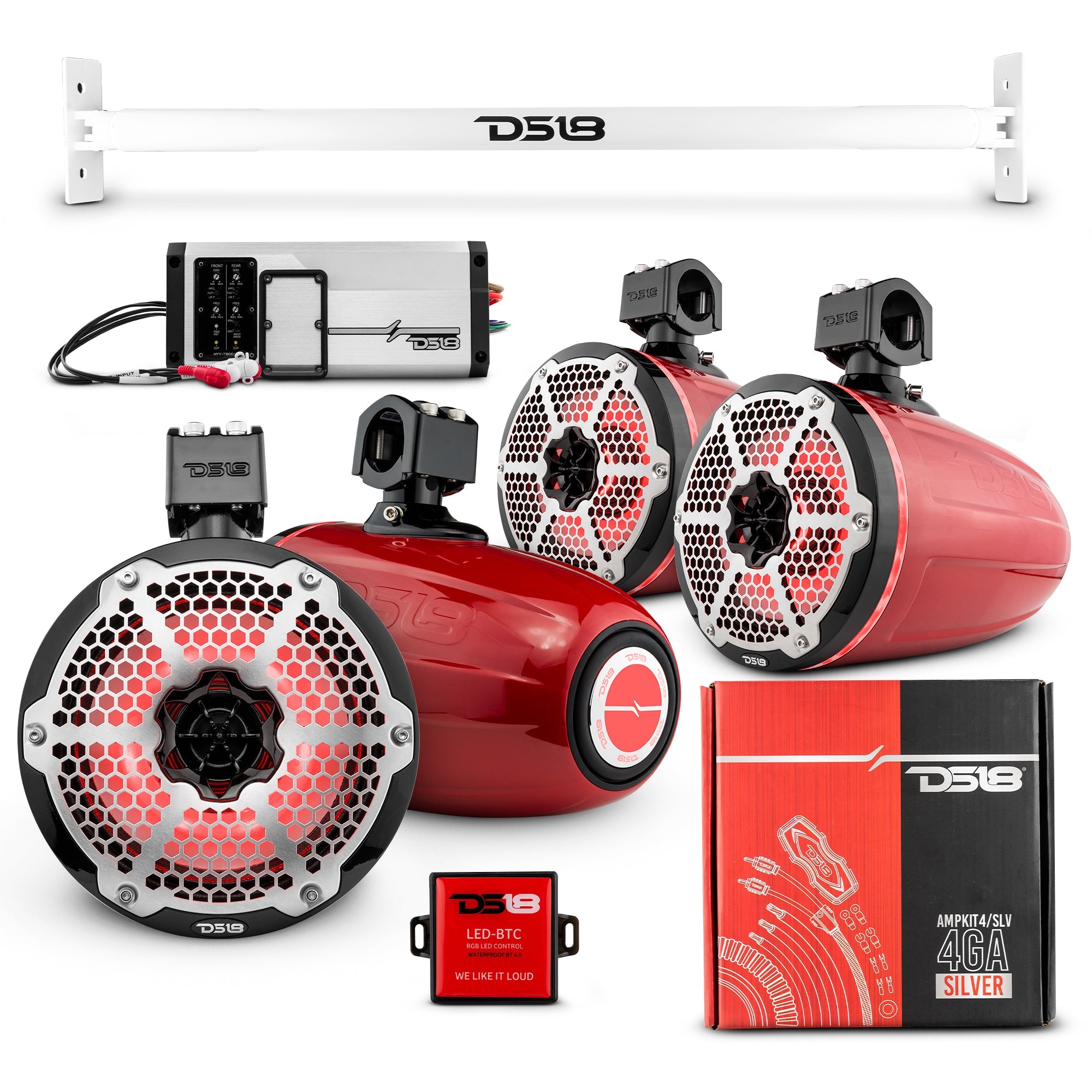 DS18 JL-TUBE 4x 8" Marine Towers Speakers with RGB LED Lights, 4-Channel Marine Amplifier and AMPKIT for Jeep JL