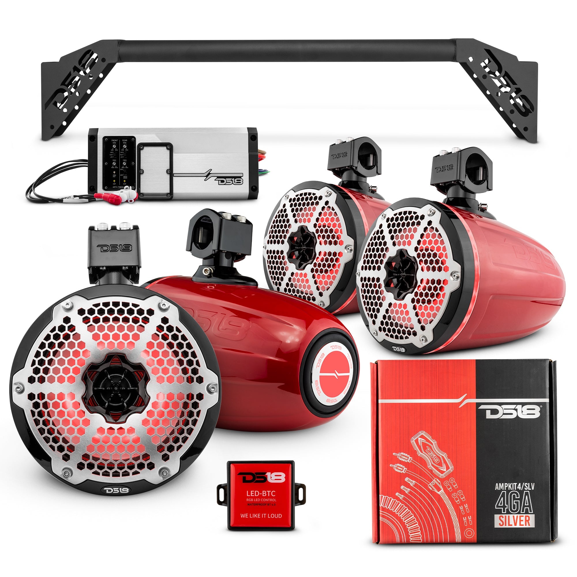 DS18 JL-TUBEUP 4x 8" Marine Towers Speakers with RGB LED Lights, 4-Channel Marine Amplifier and AMPKIT for Jeep JLU