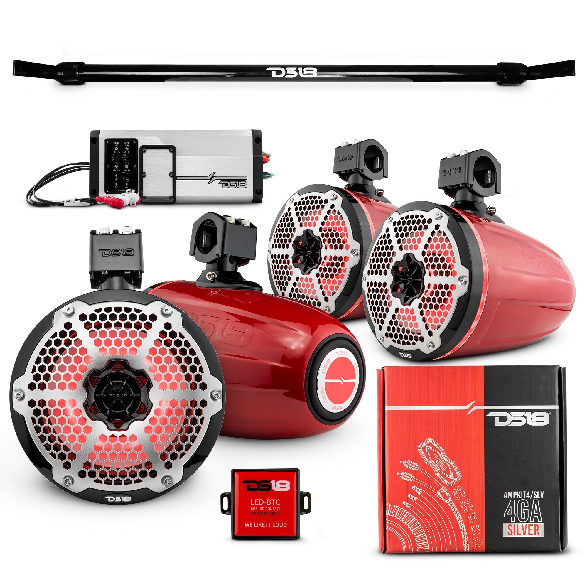 DS18 JT-TUBE 4x 8" Marine Towers Speakers with RGB LED Lights, 4-Channel Marine Amplifier and AMPKIT for Jeep JT Gladiator