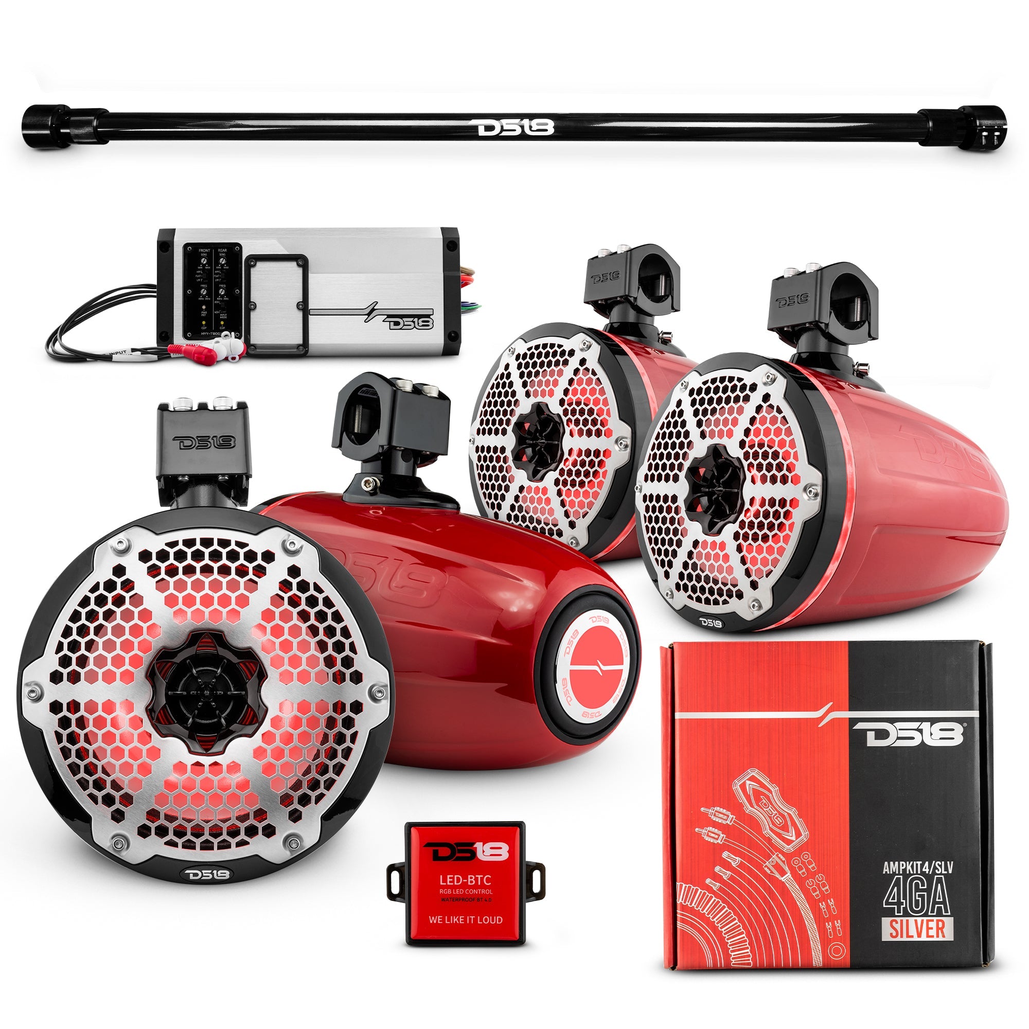 DS18 PU-TUBE 4x 8" Marine Towers Speakers with RGB LED Lights, 4-Channel Marine Amplifier and AMPKIT for Pick Up & Trucks