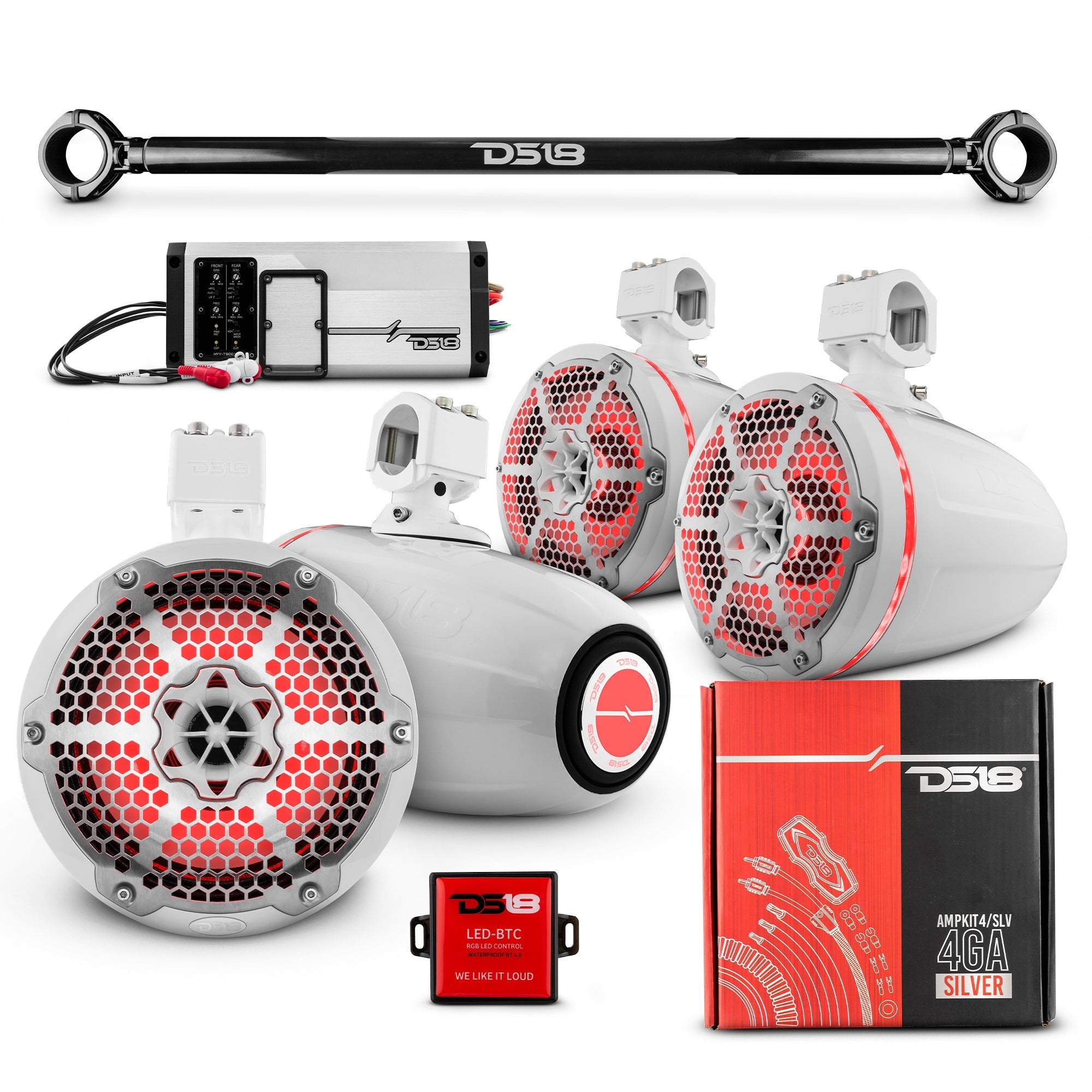 DS18 JK-TUBE 4x 8" Marine Towers Speakers with RGB LED Lights, 4-Channel Marine Amplifier and AMPKIT for Jeep JK/JKU